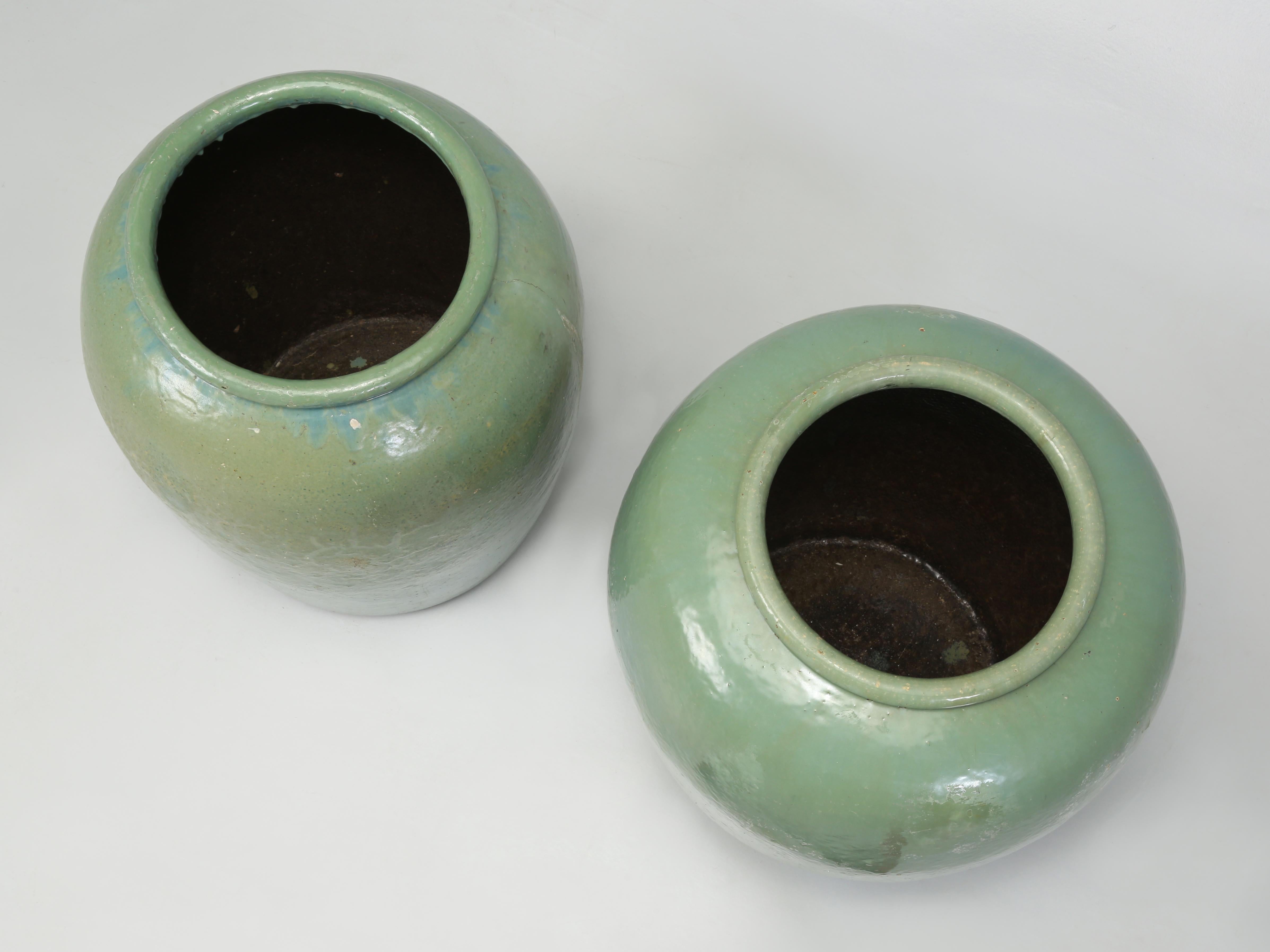Late 20th Century Glazed Green Vintage Garden Planters Imported from Ireland We'd call a Near Pair