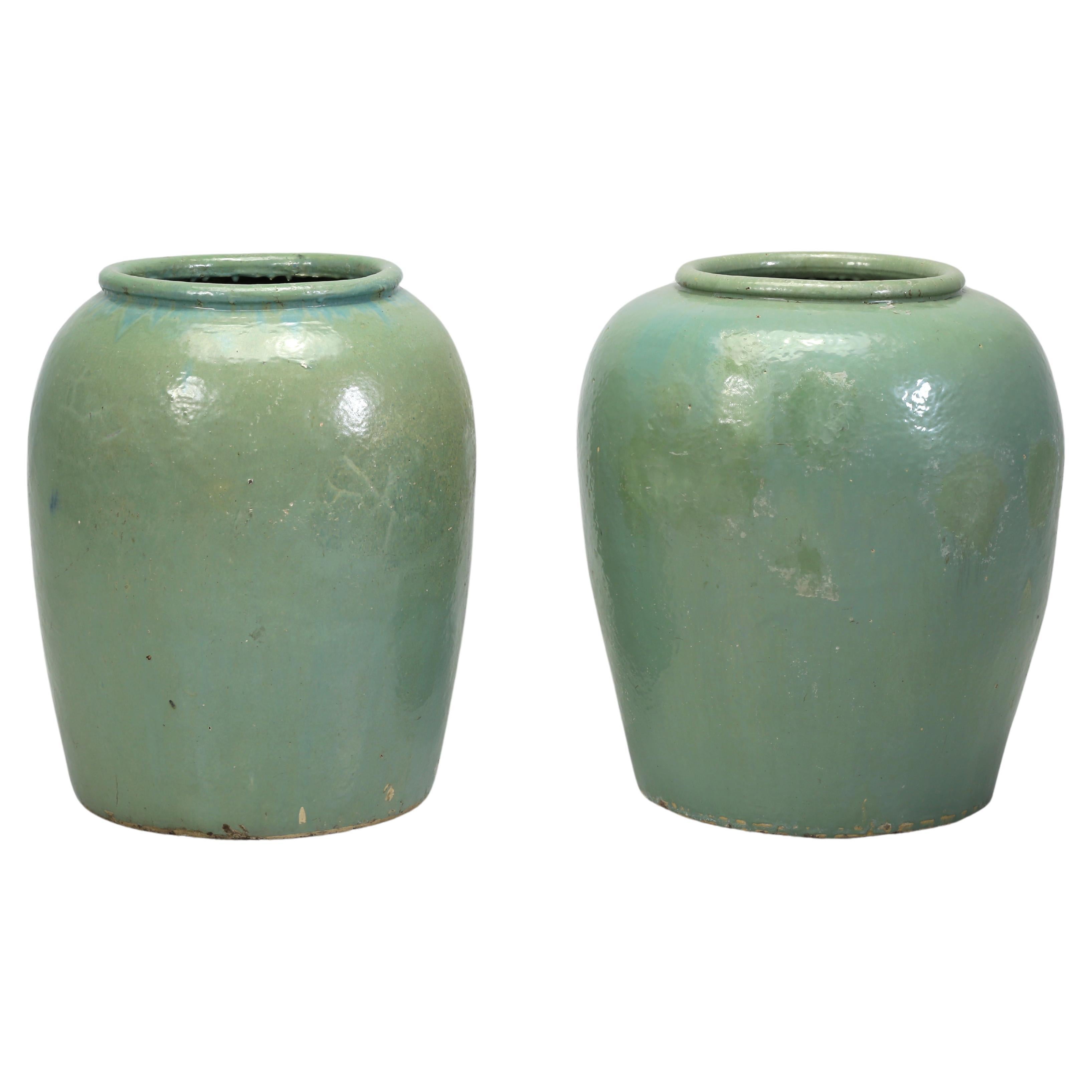 Glazed Green Vintage Garden Planters Imported from Ireland We'd call a Near Pair