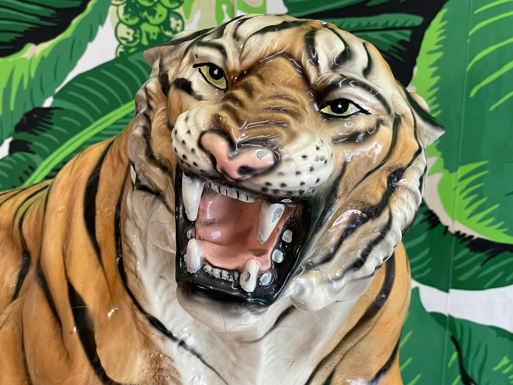 Hollywood Regency Glazed Italian Terracotta Roaring Tiger Statue For Sale