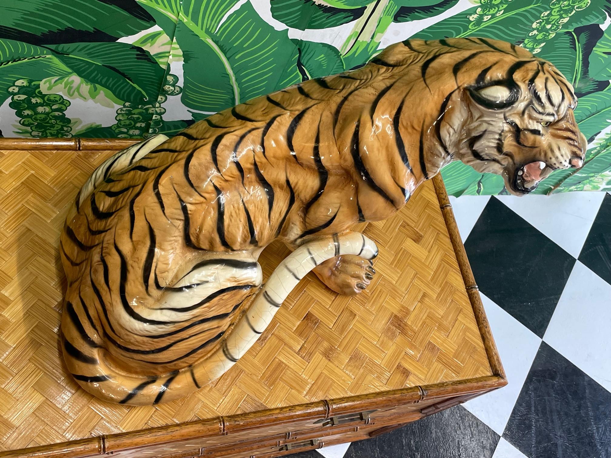 Glazed Italian Terracotta Roaring Tiger Statue In Good Condition For Sale In Jacksonville, FL