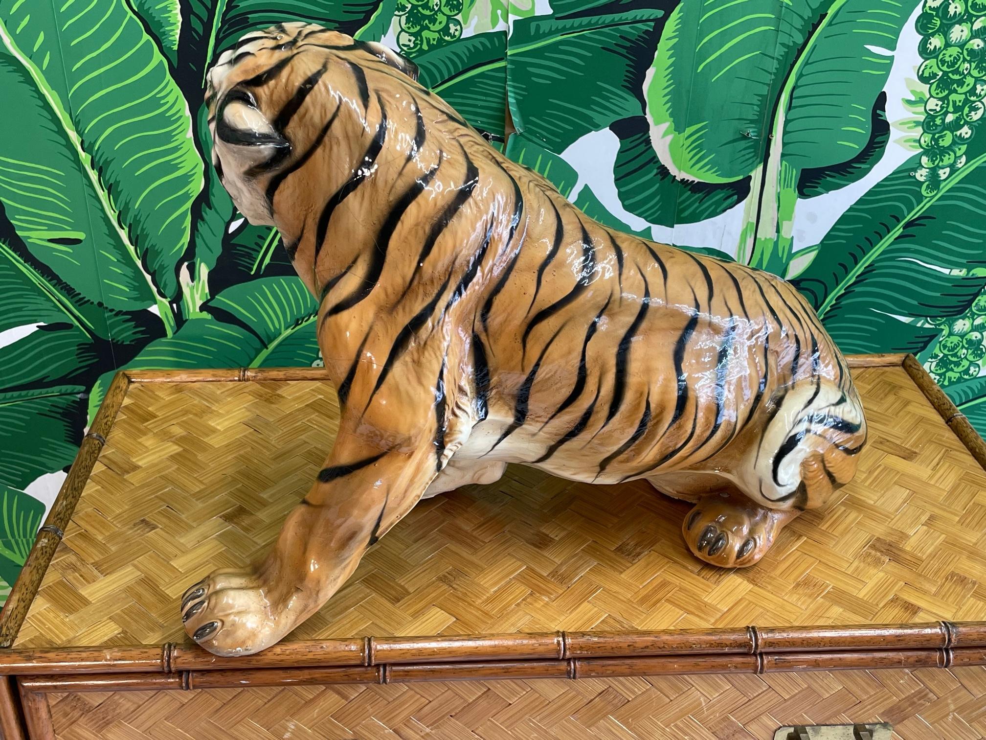 20th Century Glazed Italian Terracotta Roaring Tiger Statue For Sale