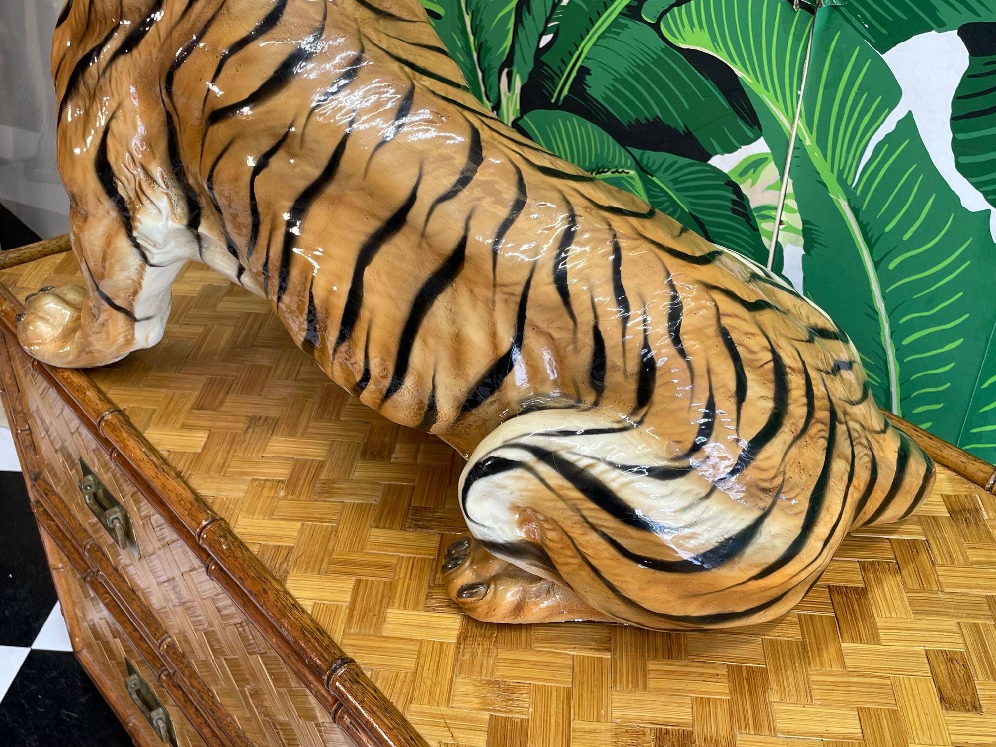 Glazed Italian Terracotta Roaring Tiger Statue For Sale 1