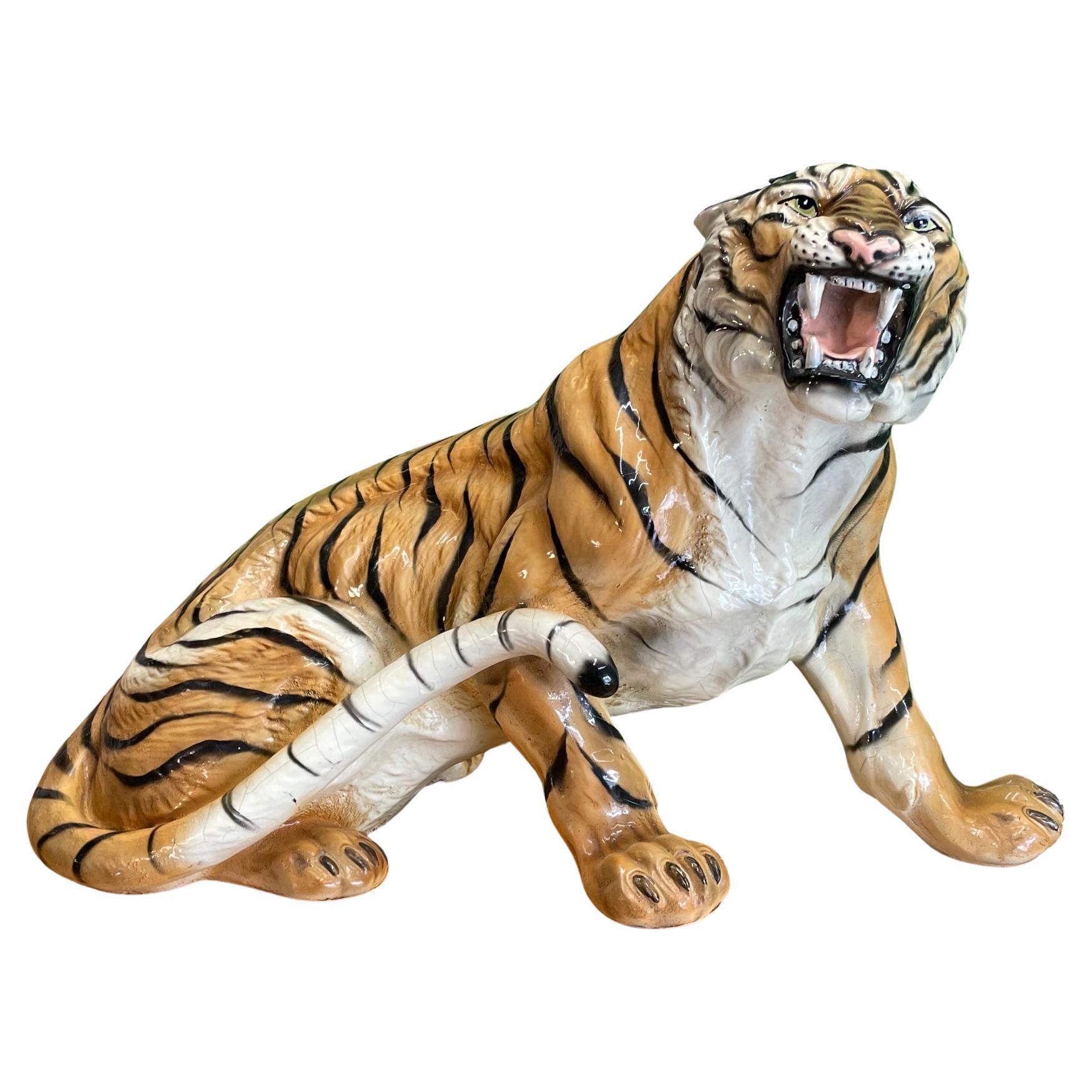 Glazed Italian Terracotta Roaring Tiger Statue For Sale