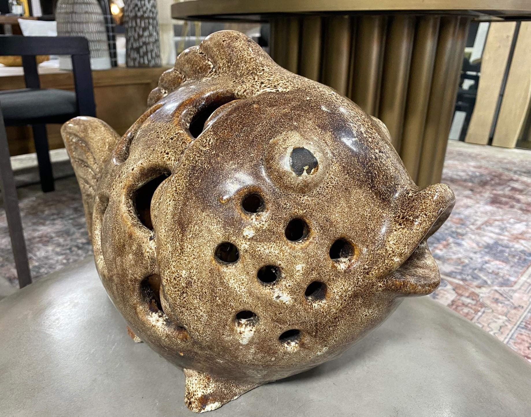 Glazed Large Earthenware Pottery Ceramic Garden Fish Figure Sculpure In Good Condition In Studio City, CA