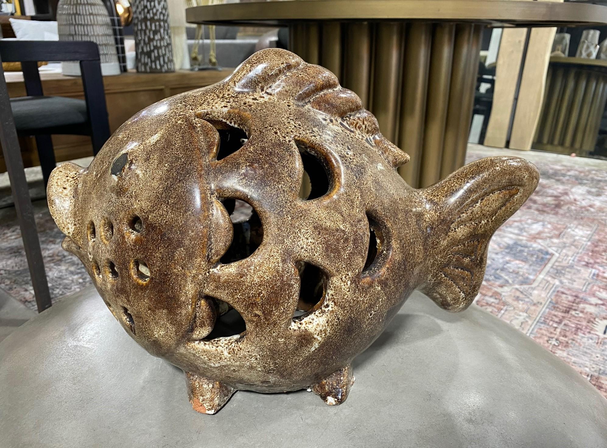 Glazed Large Earthenware Pottery Ceramic Garden Fish Figure Sculpure 3