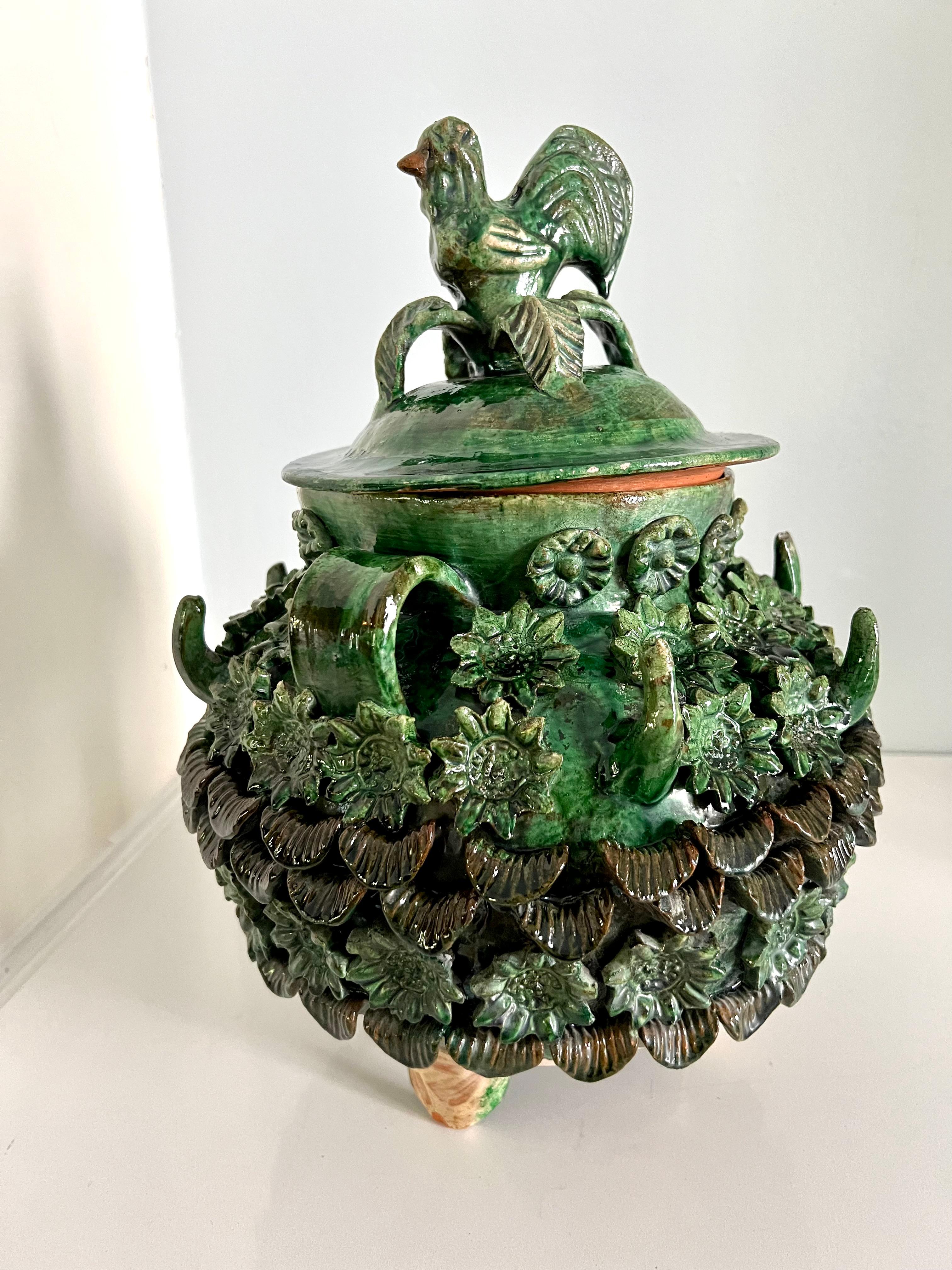 Glazed Majolica Lidded Jar Container with Flowers and Rooster on Legs 1