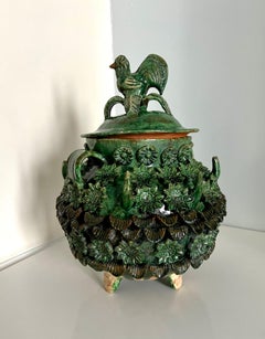 Glazed Majolica Lidded Jar Container with Flowers and Rooster on Legs