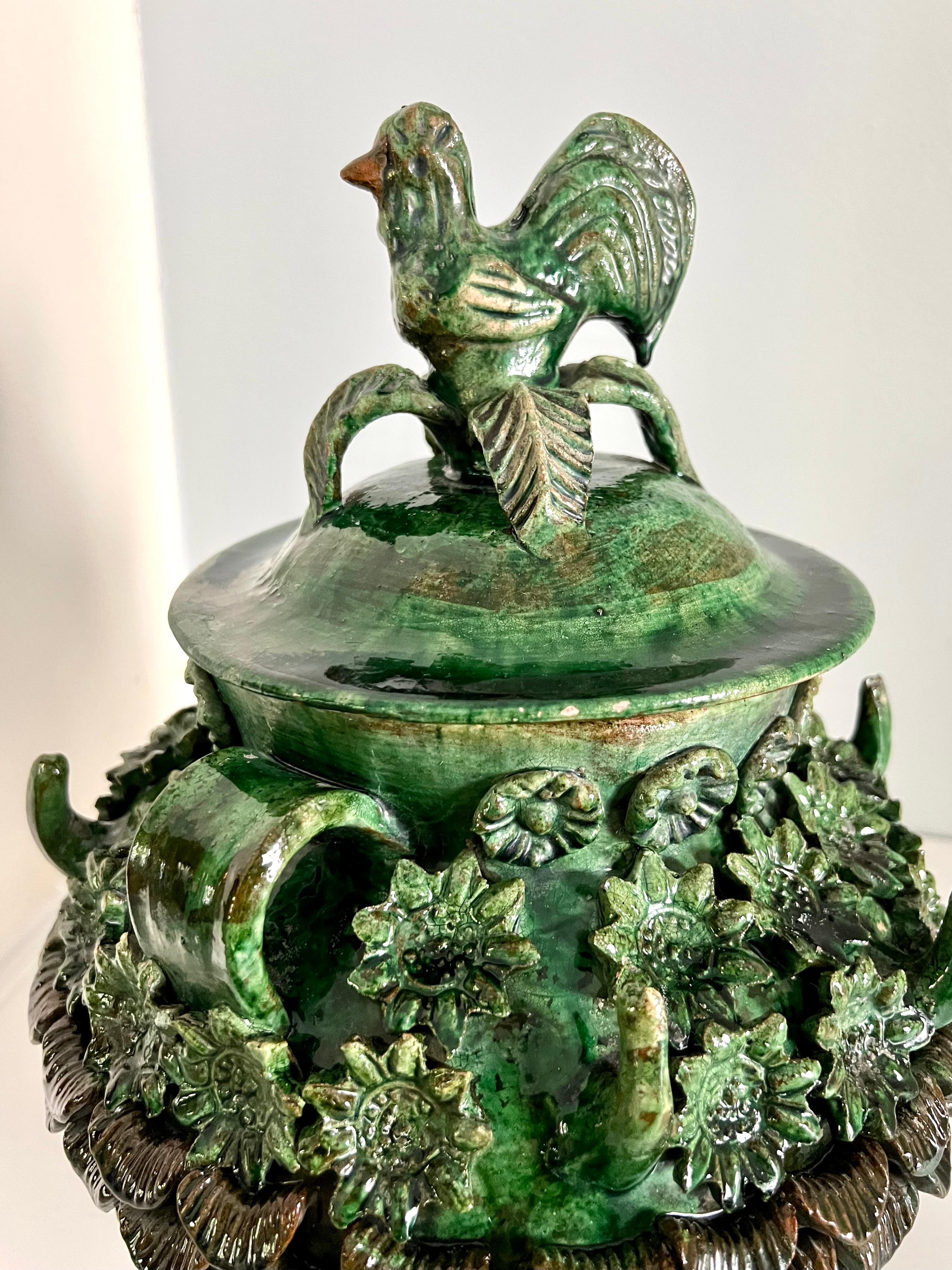 Hand-Crafted Glazed Majolica Lidded Jar Container with Flowers and Rooster on Legs
