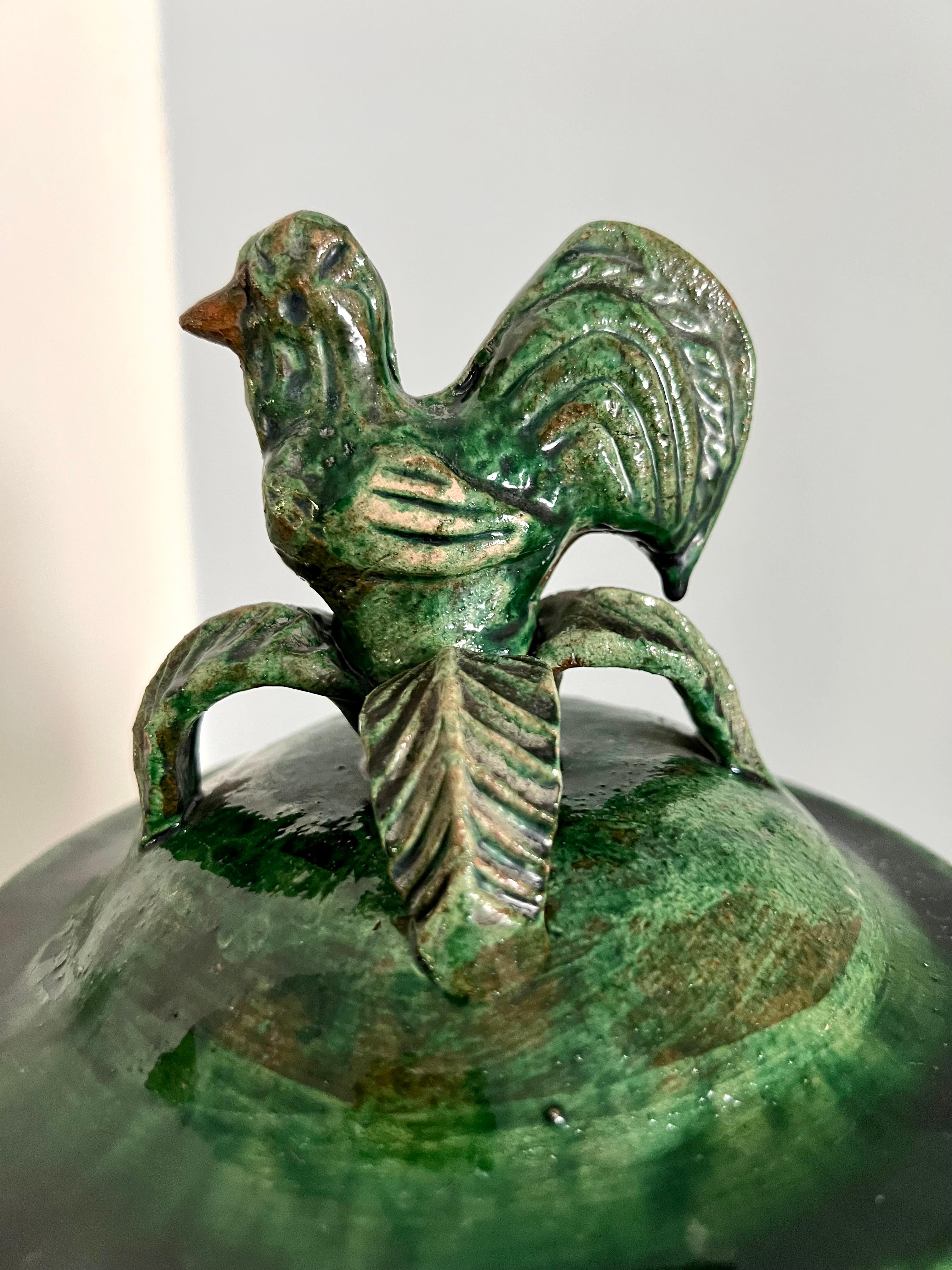 20th Century Glazed Majolica Lidded Jar Container with Flowers and Rooster on Legs