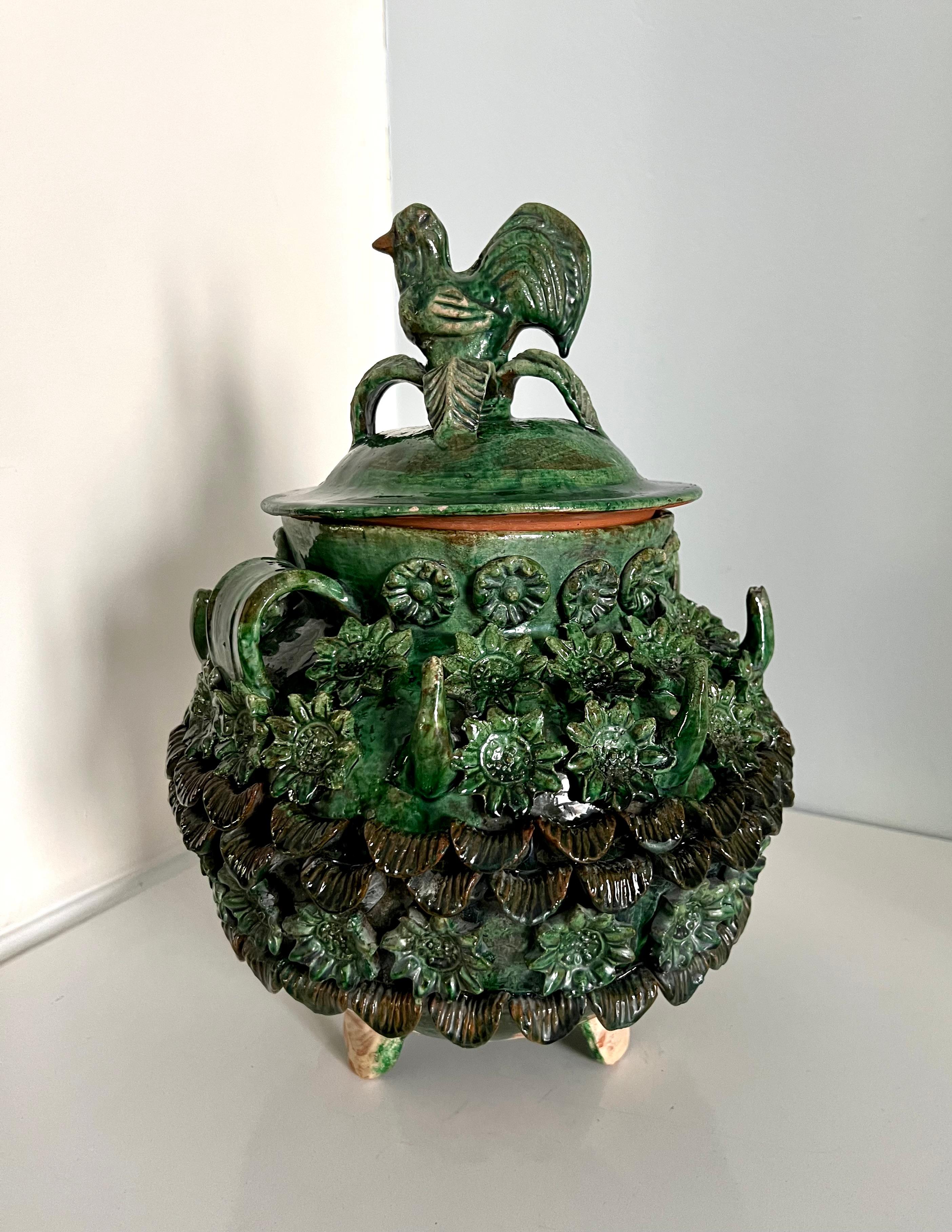 Terracotta Glazed Majolica Lidded Jar Container with Flowers and Rooster on Legs