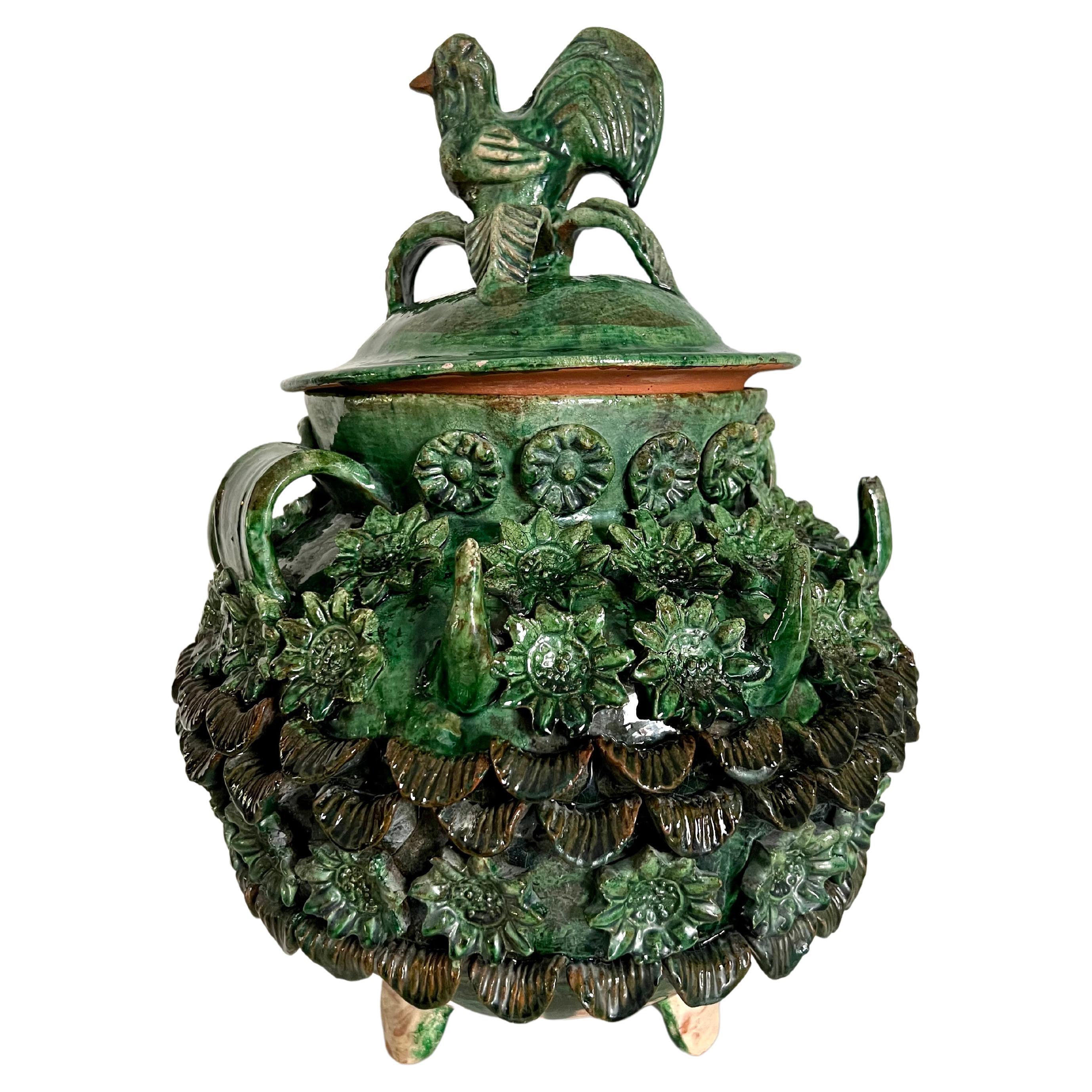 Glazed Majolica Lidded Jar Container with Flowers and Rooster on Legs