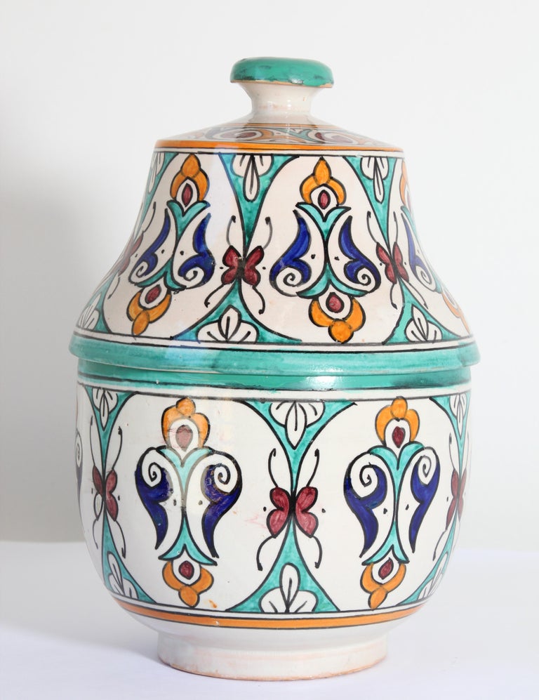 Glazed Moorish Ceramic Covered Jar Handcrafted in Fez Morocco For Sale