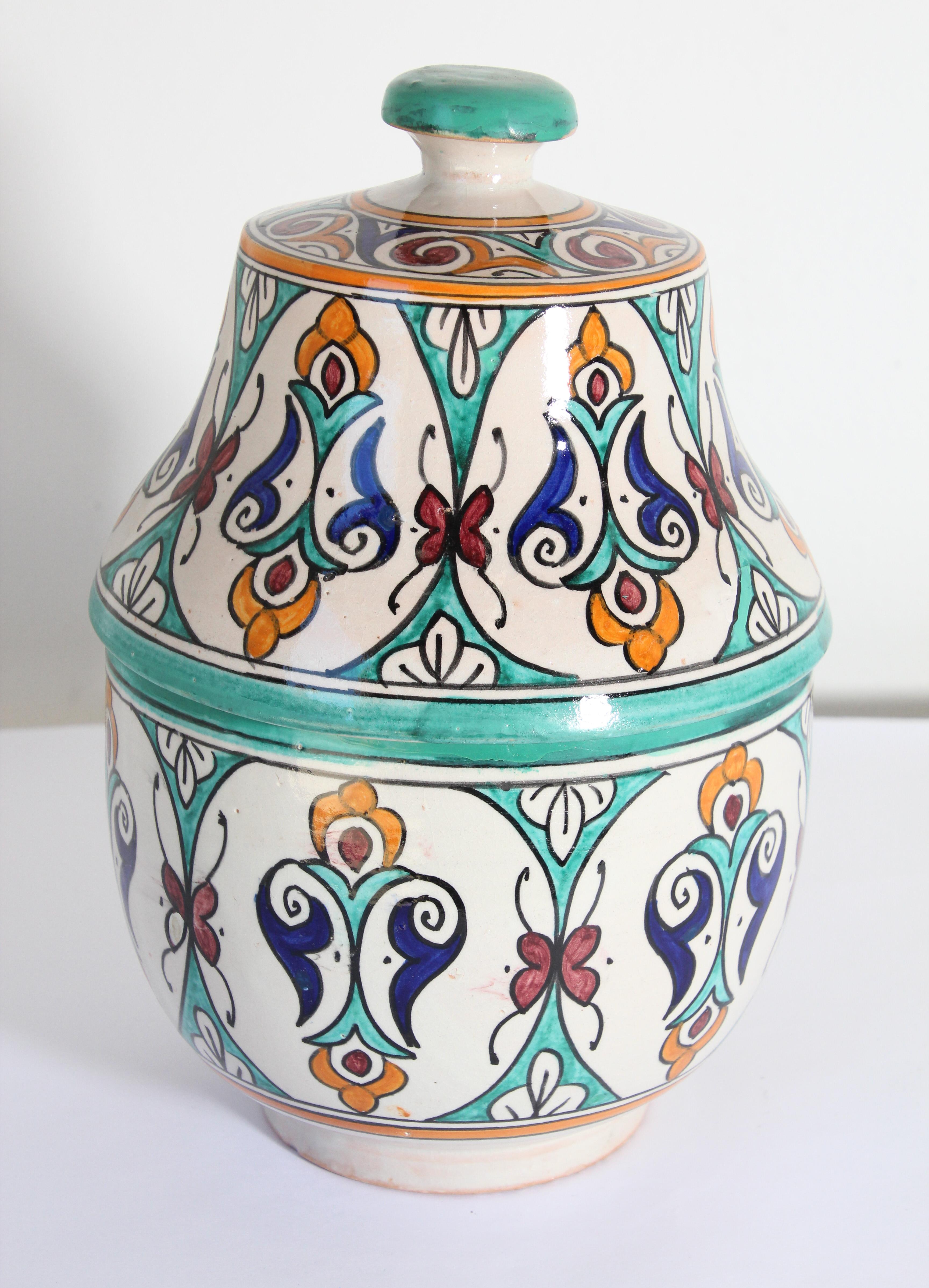 Moroccan Glazed Moorish Ceramic Covered Jar Handcrafted in Fez Morocco For Sale