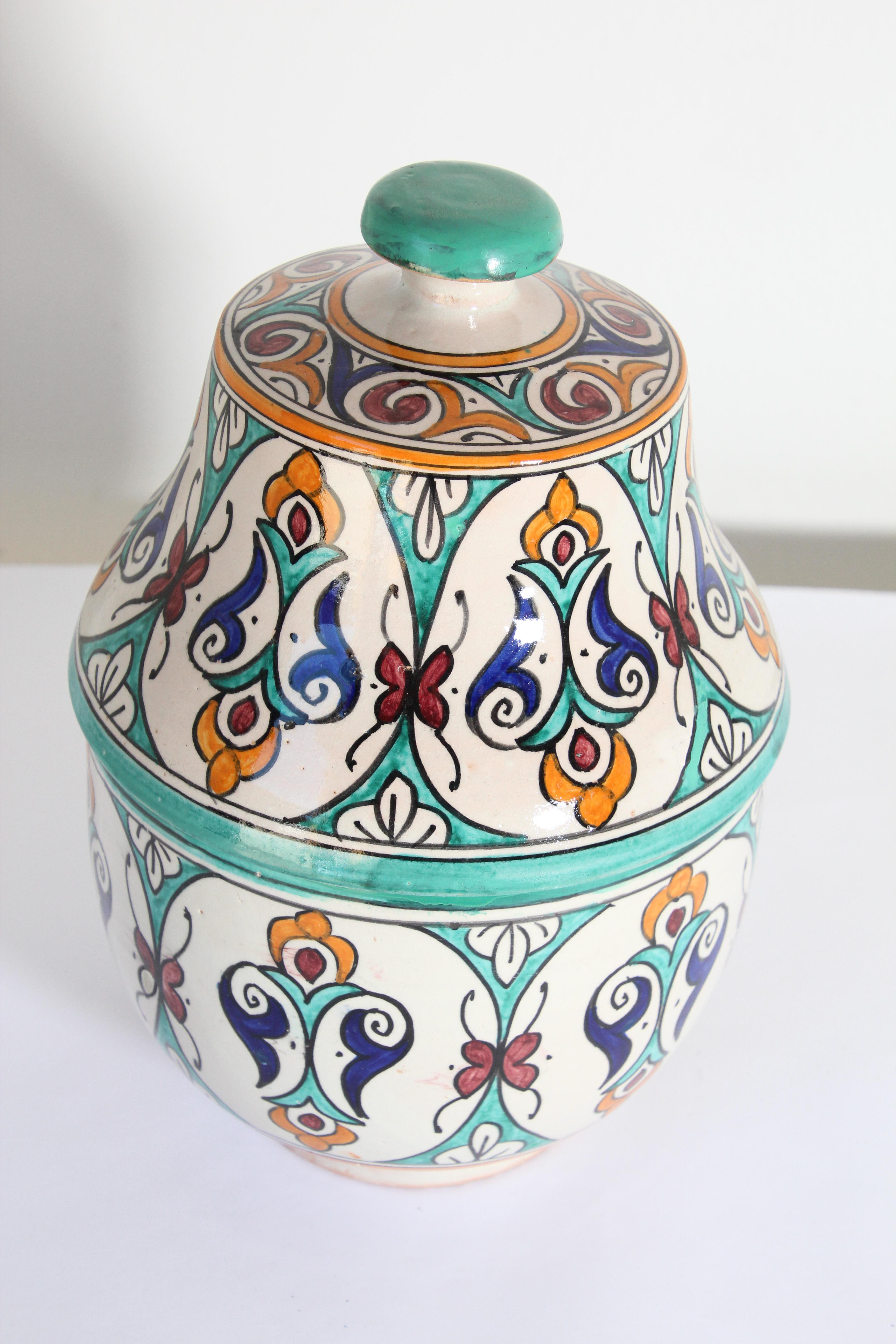 Hand-Crafted Glazed Moorish Ceramic Covered Jar Handcrafted in Fez Morocco For Sale