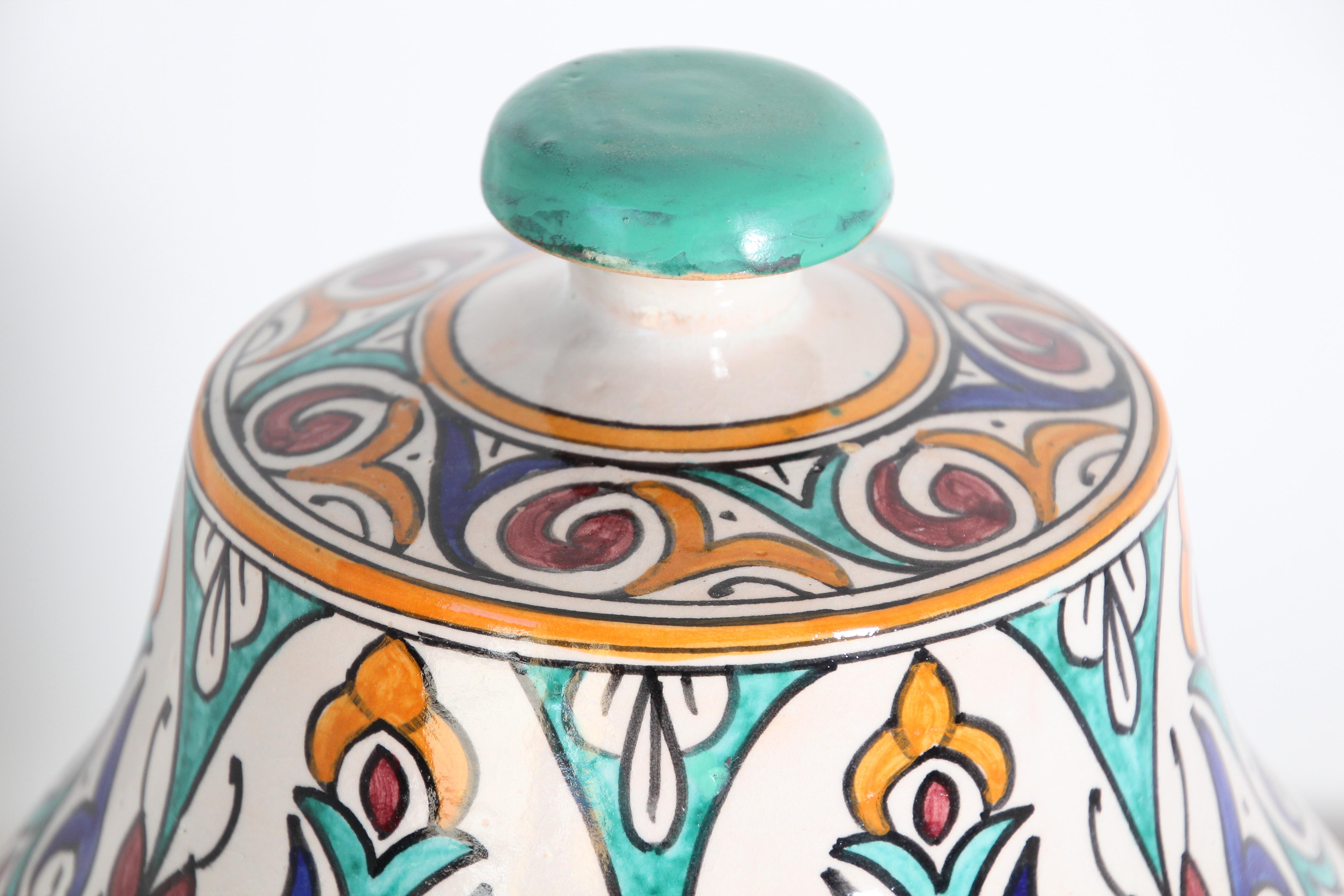 Glazed Moorish Ceramic Covered Jar Handcrafted in Fez Morocco In Good Condition For Sale In North Hollywood, CA