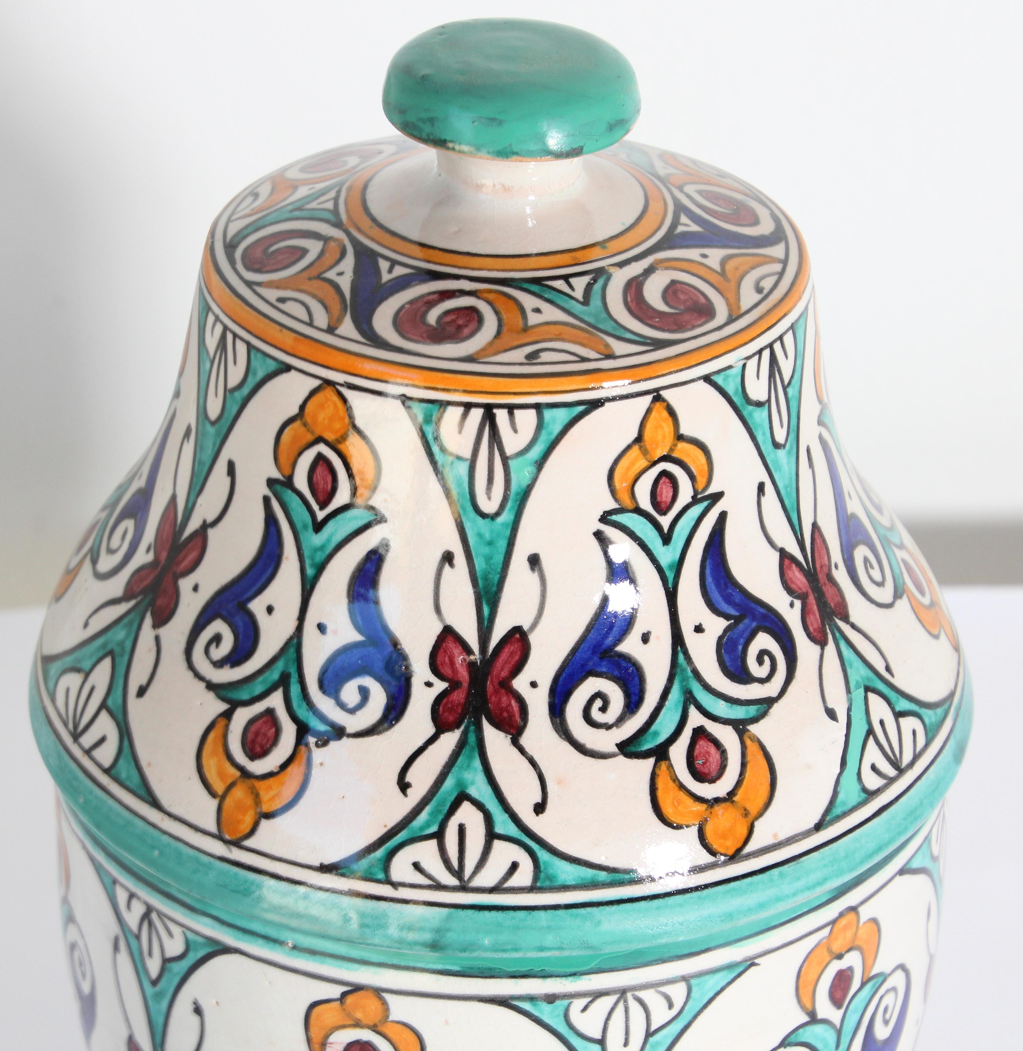 20th Century Glazed Moorish Ceramic Covered Jar Handcrafted in Fez Morocco For Sale