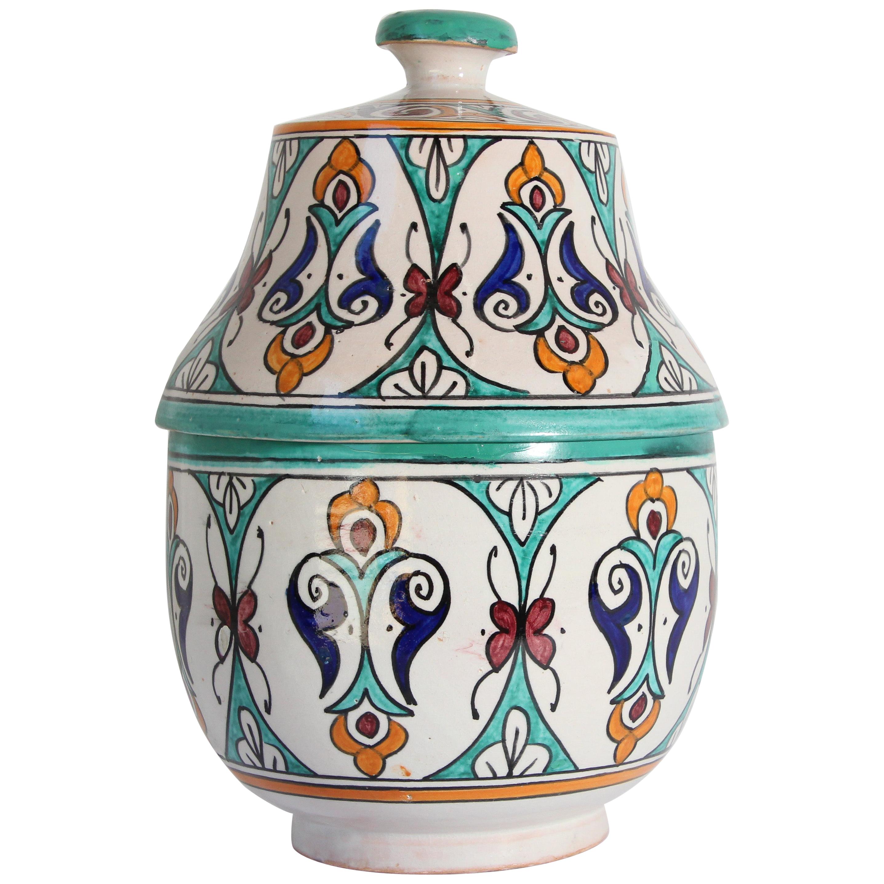 Glazed Moorish Ceramic Covered Jar Handcrafted in Fez Morocco