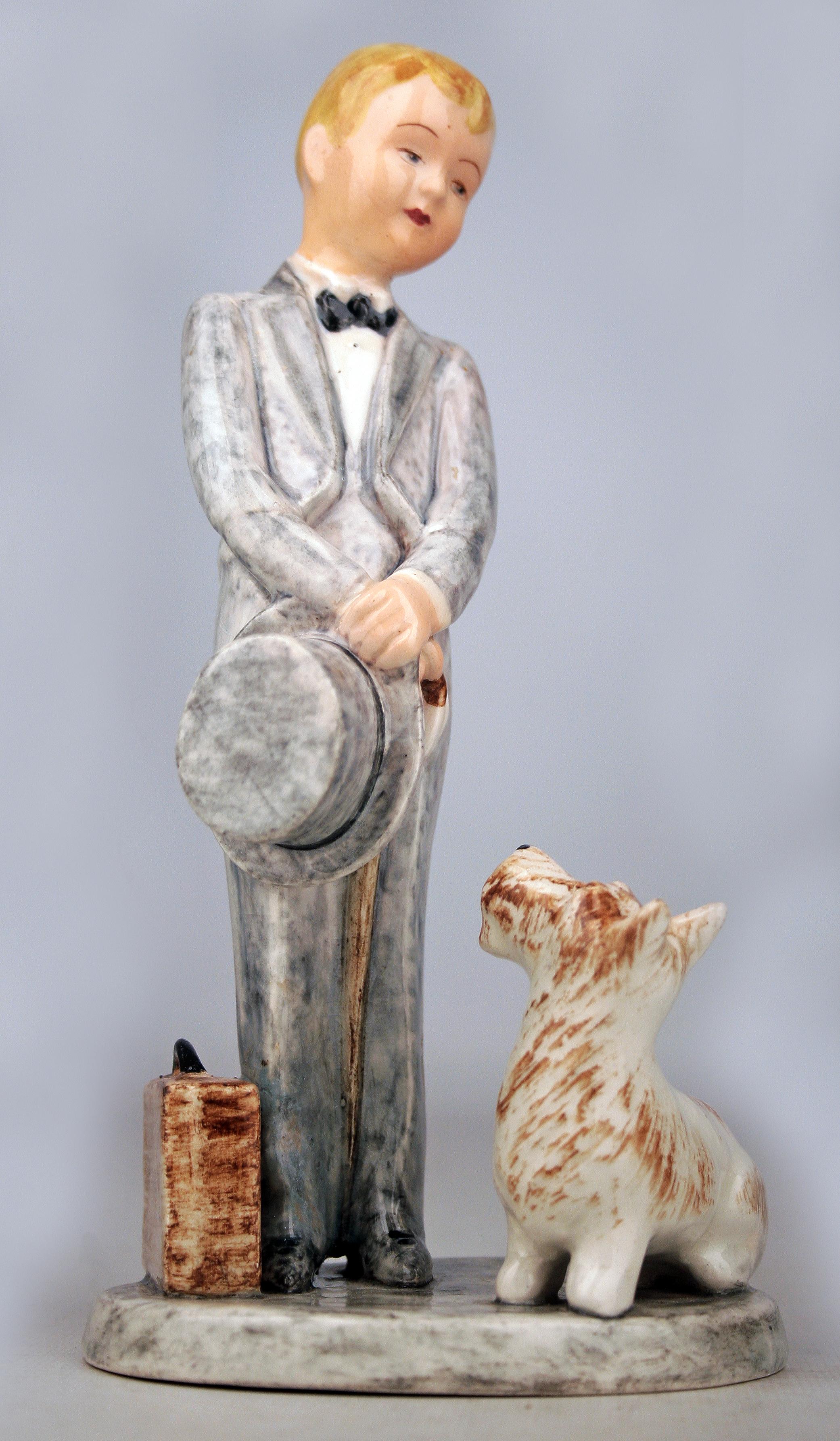 Glazed Porcelain Figurine of Boy and Dog by Goldscheider for Myott Son & Co. For Sale 1