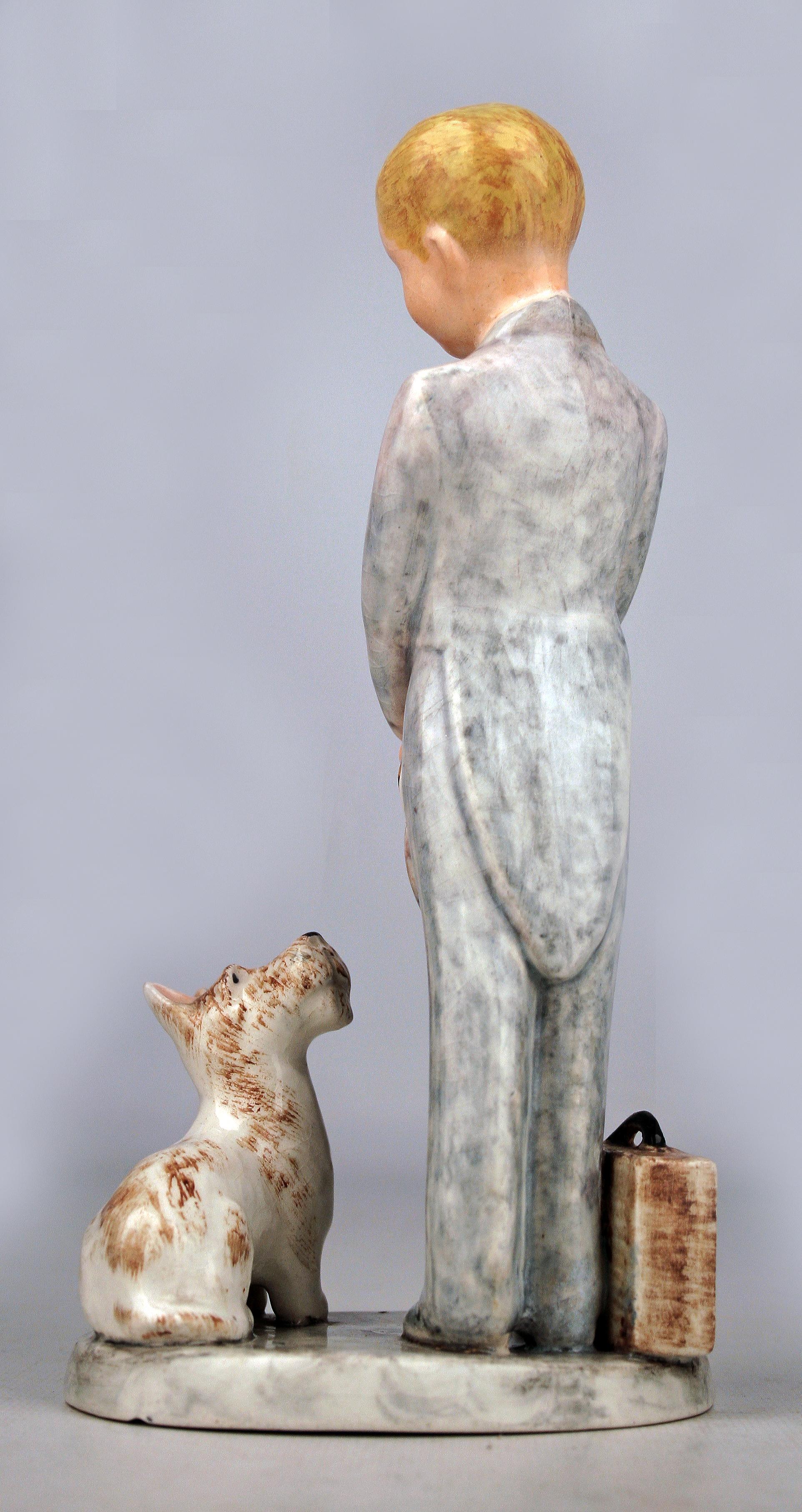 Glazed Porcelain Figurine of Boy and Dog by Goldscheider for Myott Son & Co. For Sale 4