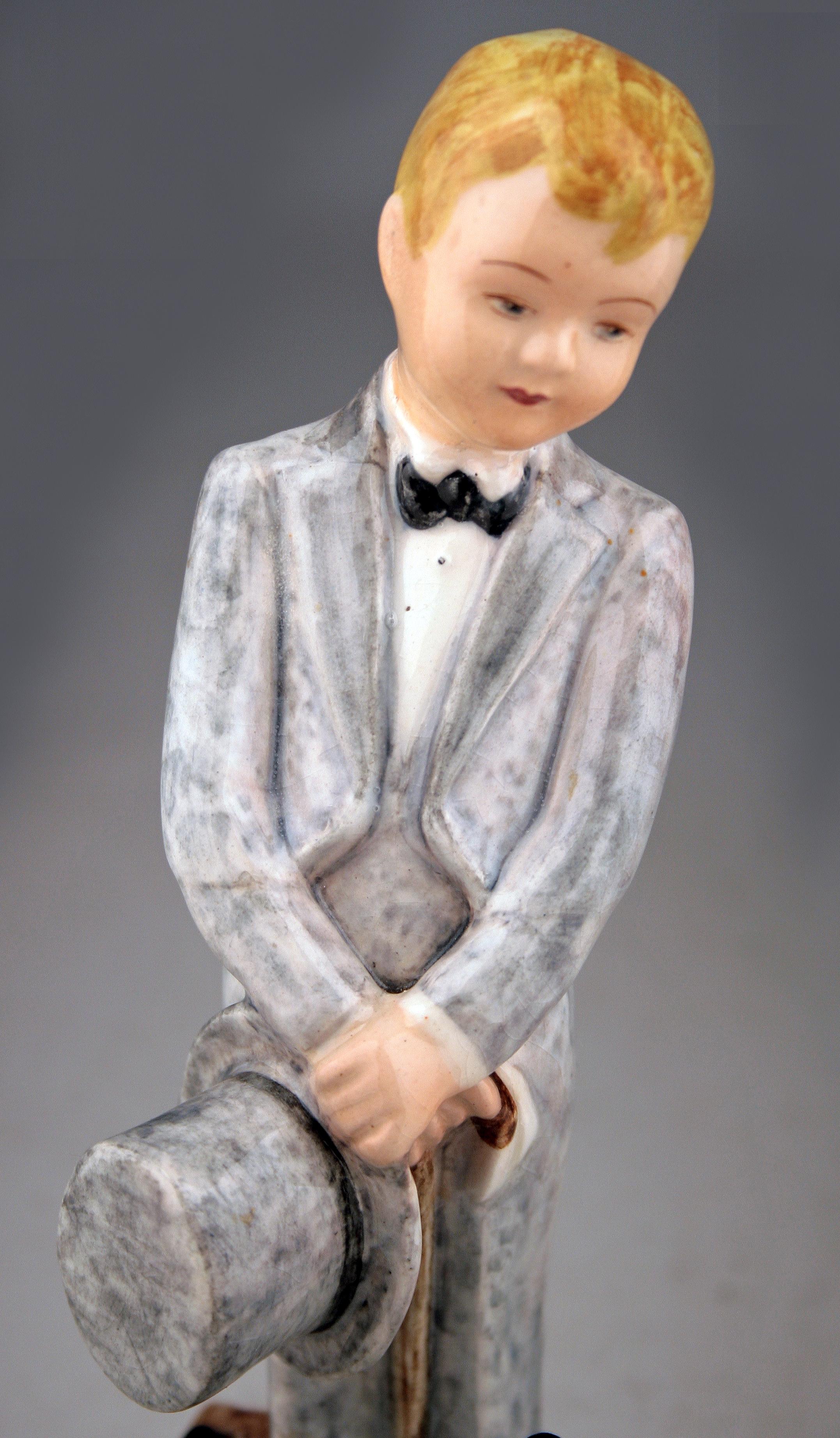 English Glazed Porcelain Figurine of Boy and Dog by Goldscheider for Myott Son & Co. For Sale