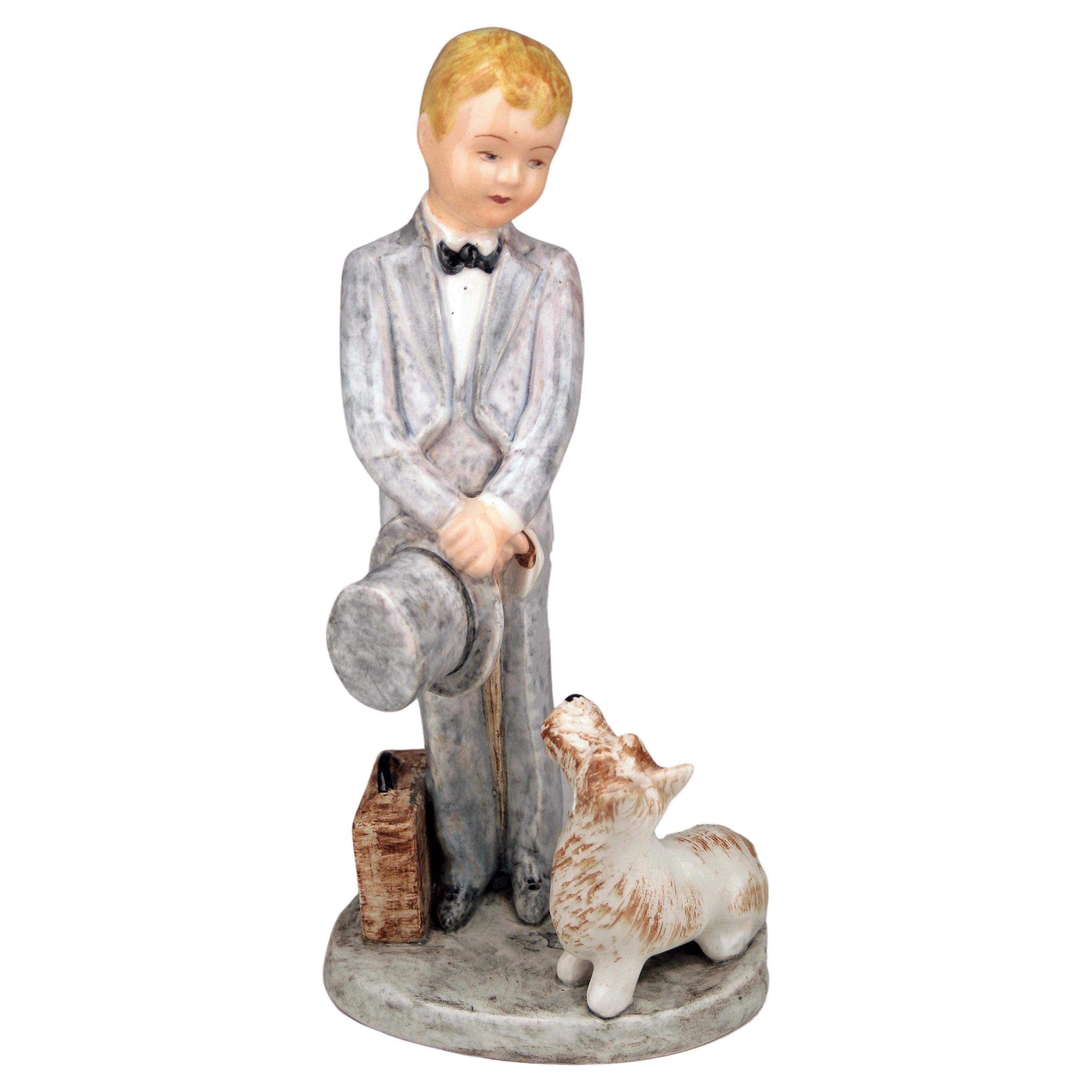 Glazed Porcelain Figurine of Boy and Dog by Goldscheider for Myott Son & Co. For Sale