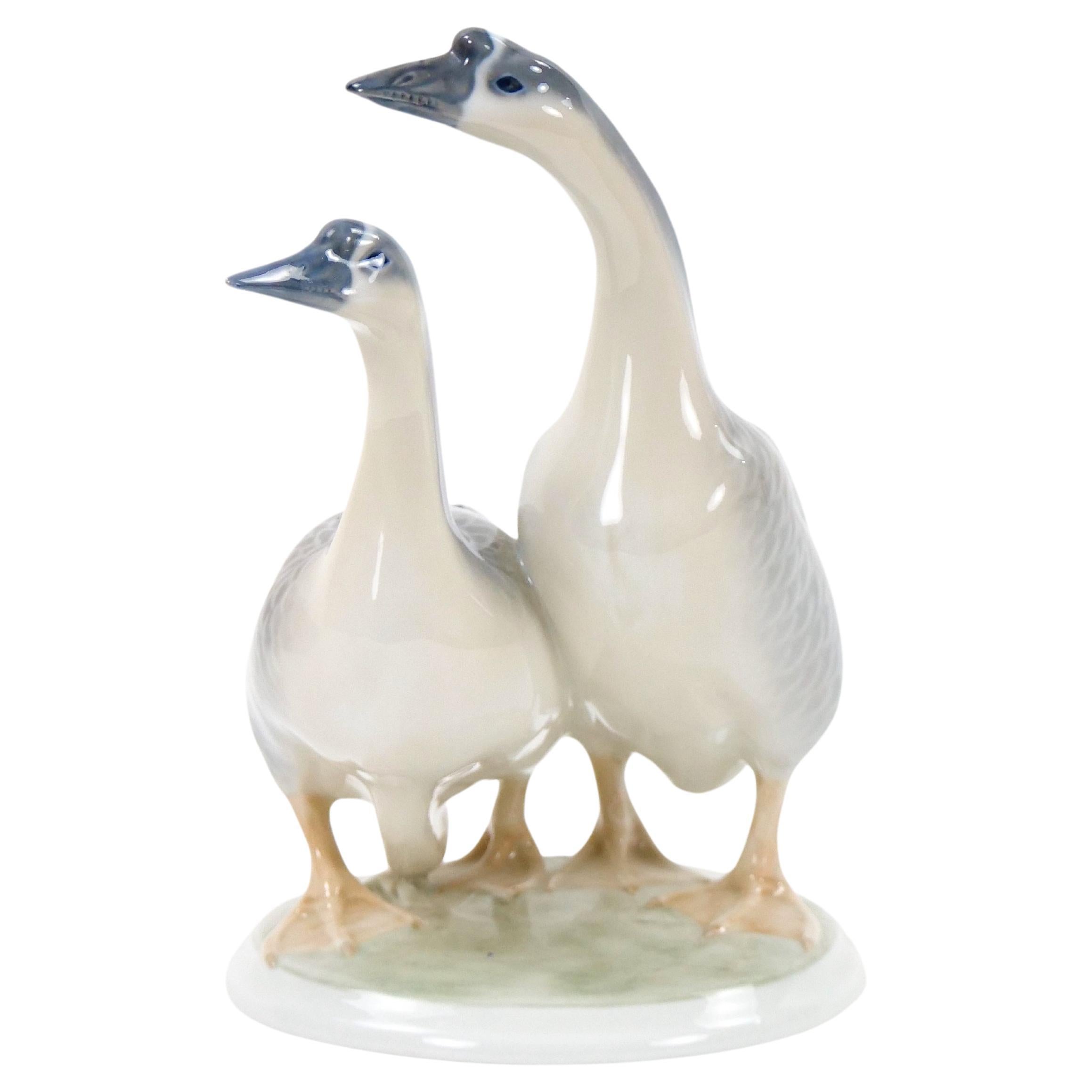 Dekoratives Paar Duck-Skulptur aus glasiertem Porzellan, Royal Copenhagen