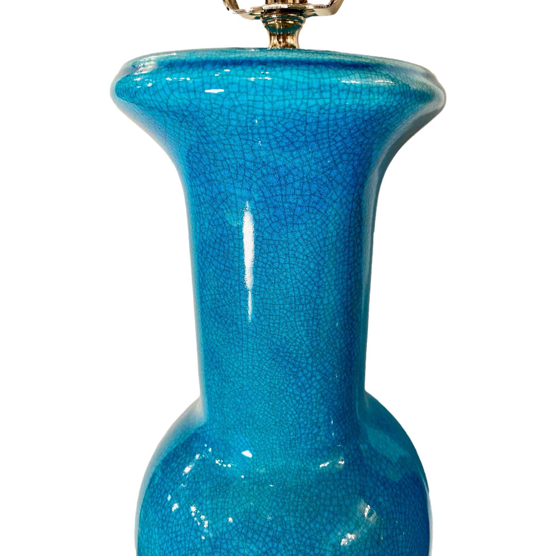Mid-20th Century Pair of Glazed Blue Porcelain Table Lamps For Sale
