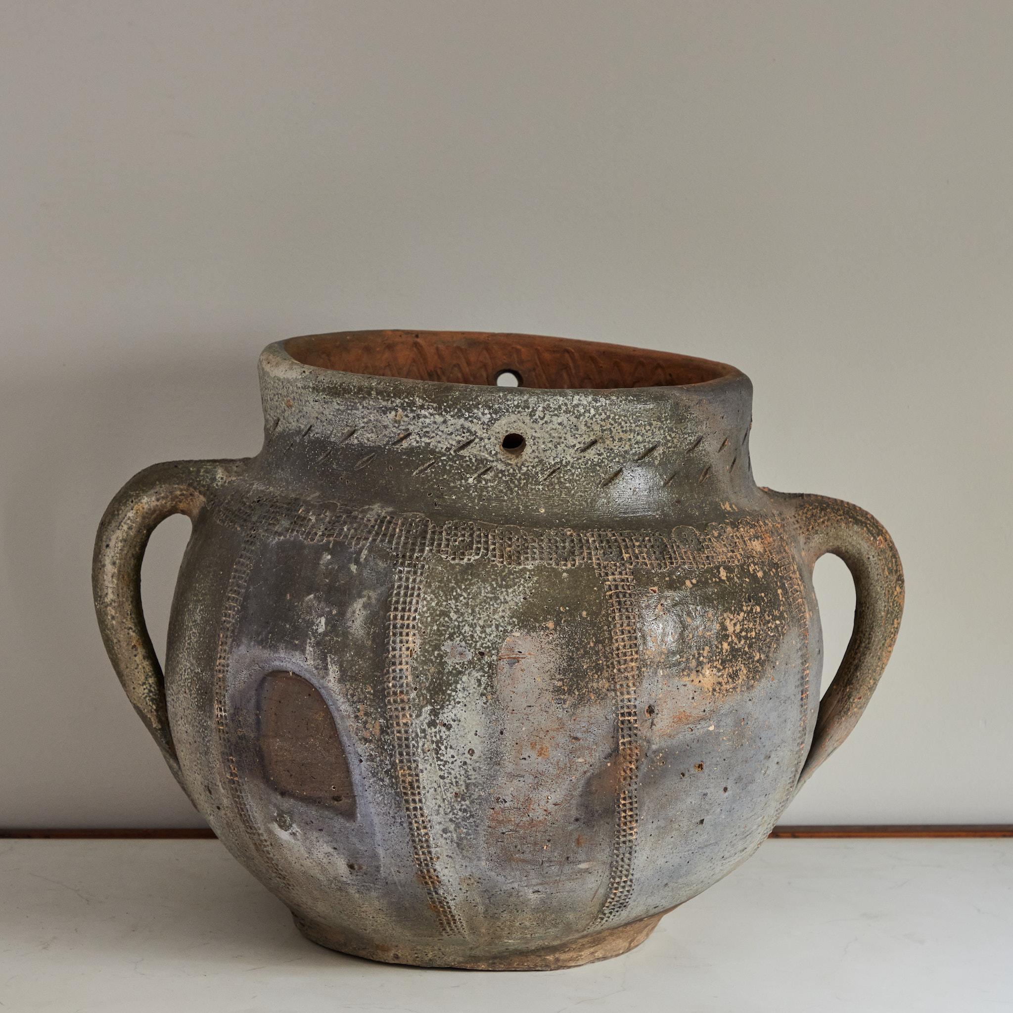Blue grey glazed pot / vase with handles with beautiful color and patina.
