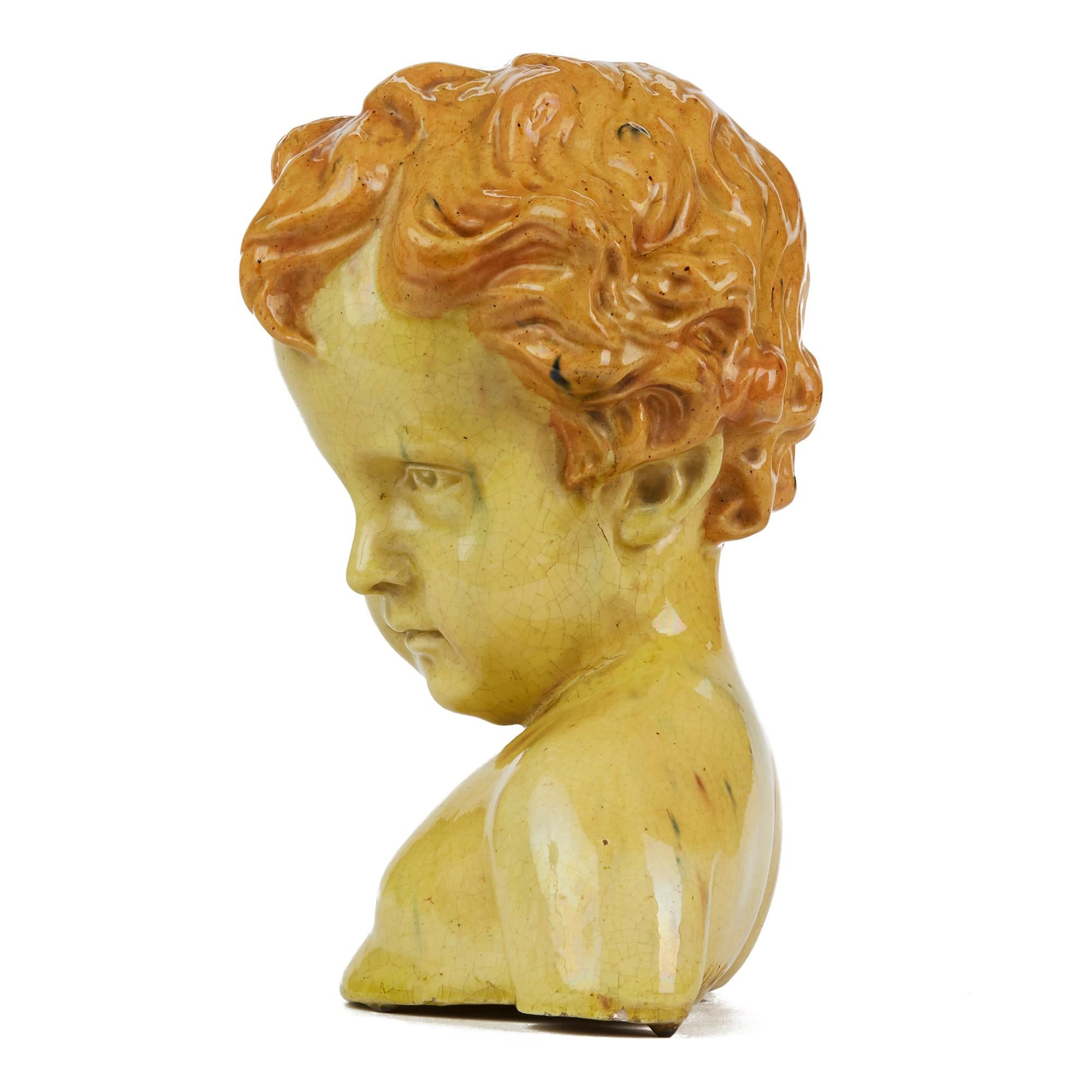 Glazed Pottery Bust of a Child Attributed to Jean Marie Camus, circa 1903 For Sale 3
