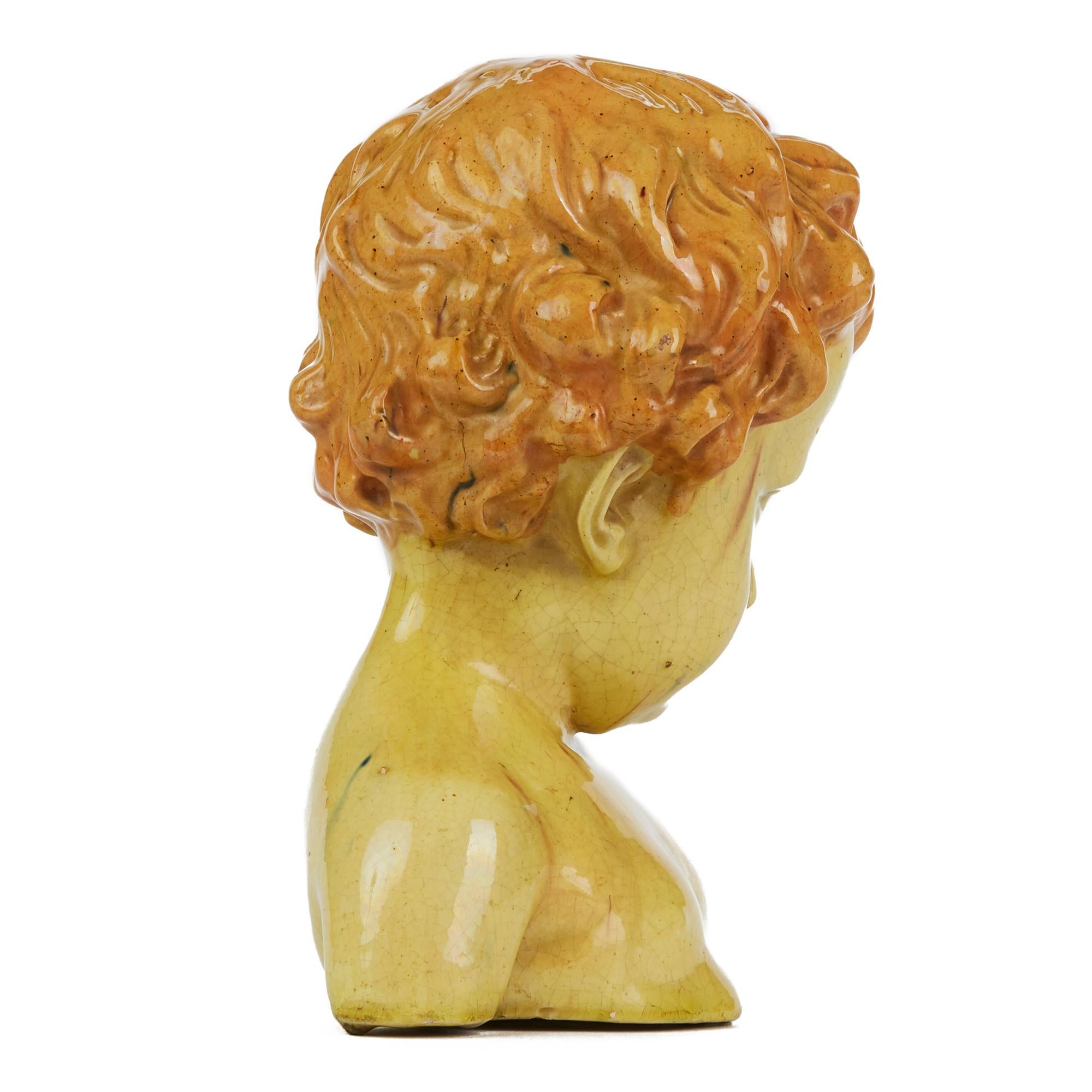 Art Nouveau Glazed Pottery Bust of a Child Attributed to Jean Marie Camus, circa 1903 For Sale