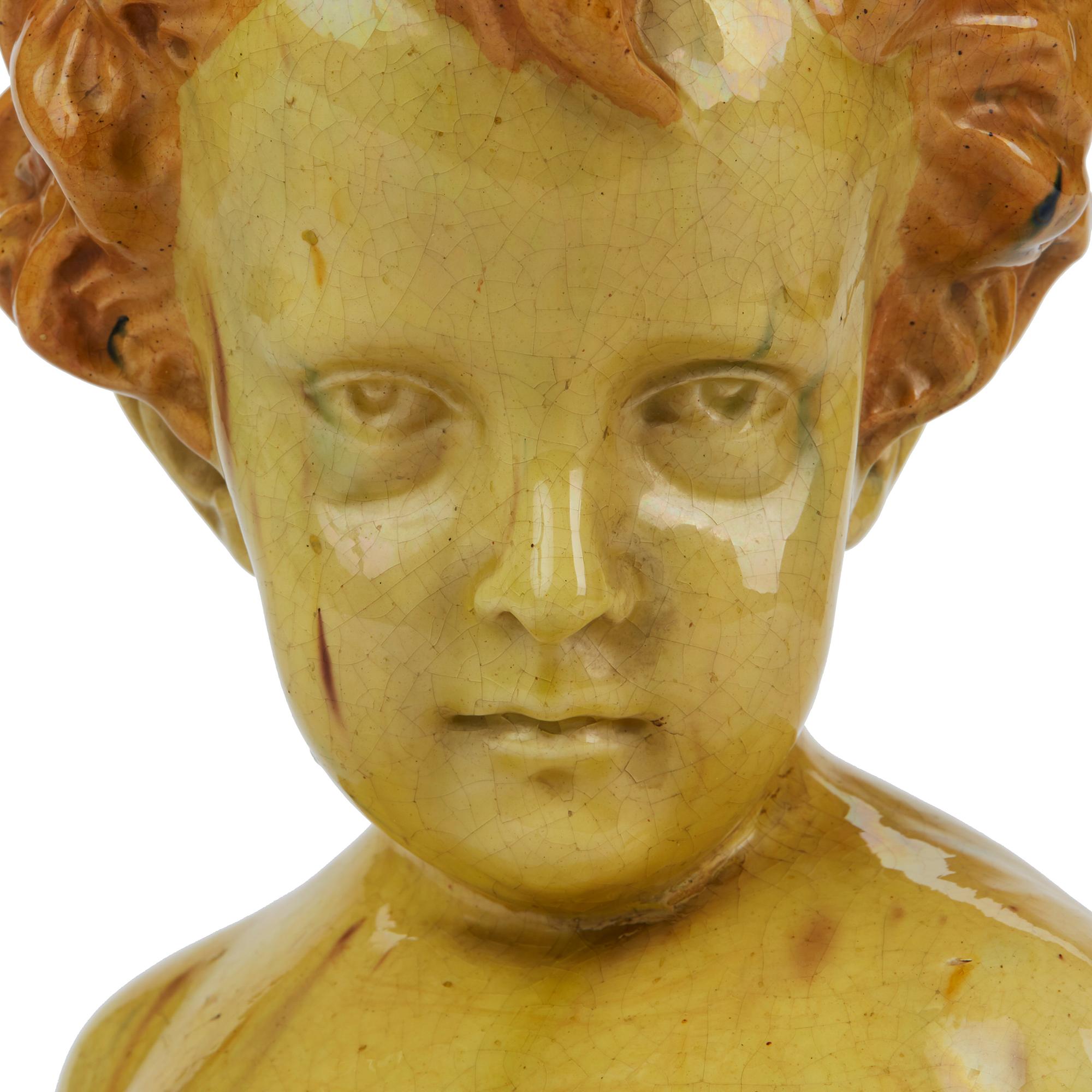 French Glazed Pottery Bust of a Child Attributed to Jean Marie Camus, circa 1903 For Sale