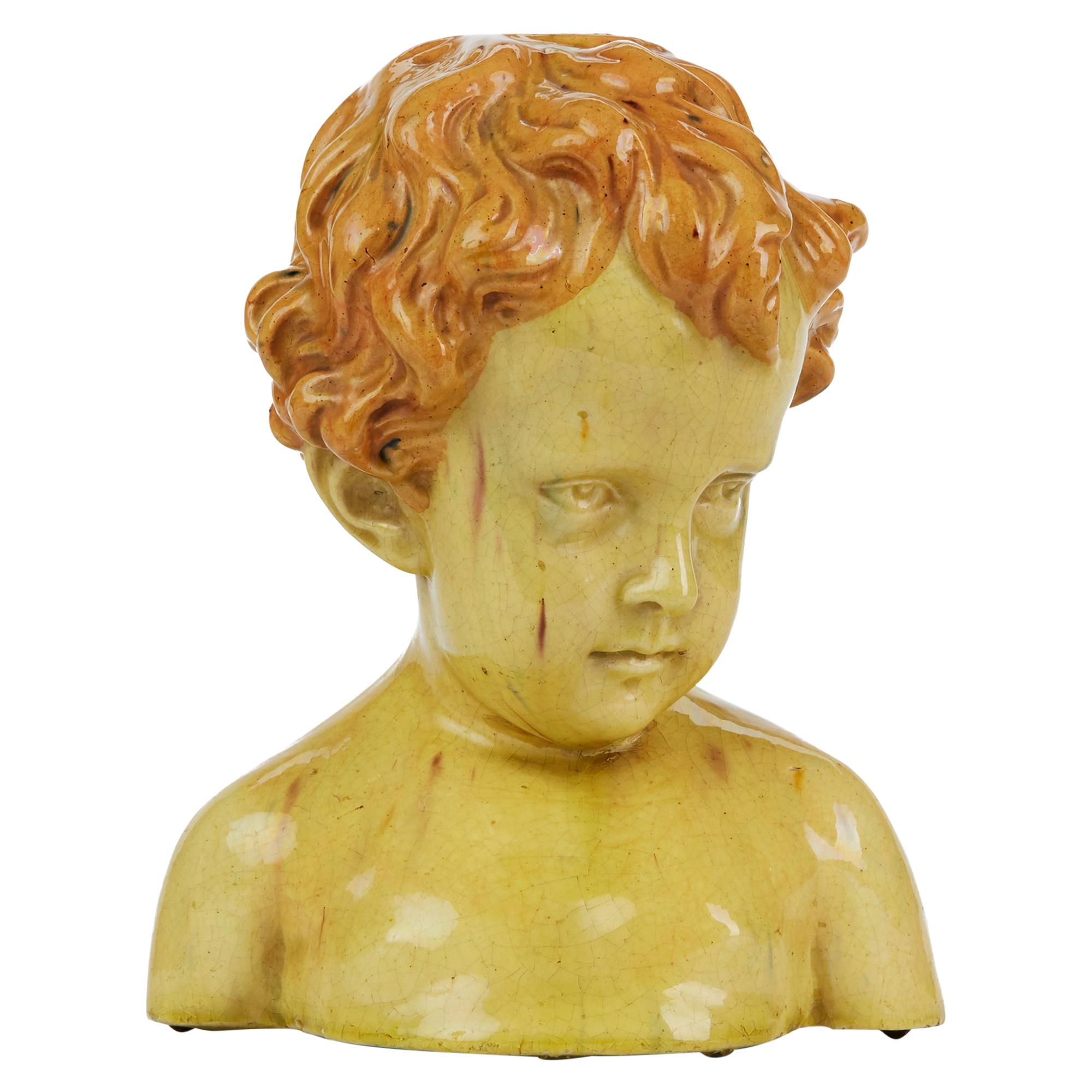 Glazed Pottery Bust of a Child Attributed to Jean Marie Camus, circa 1903