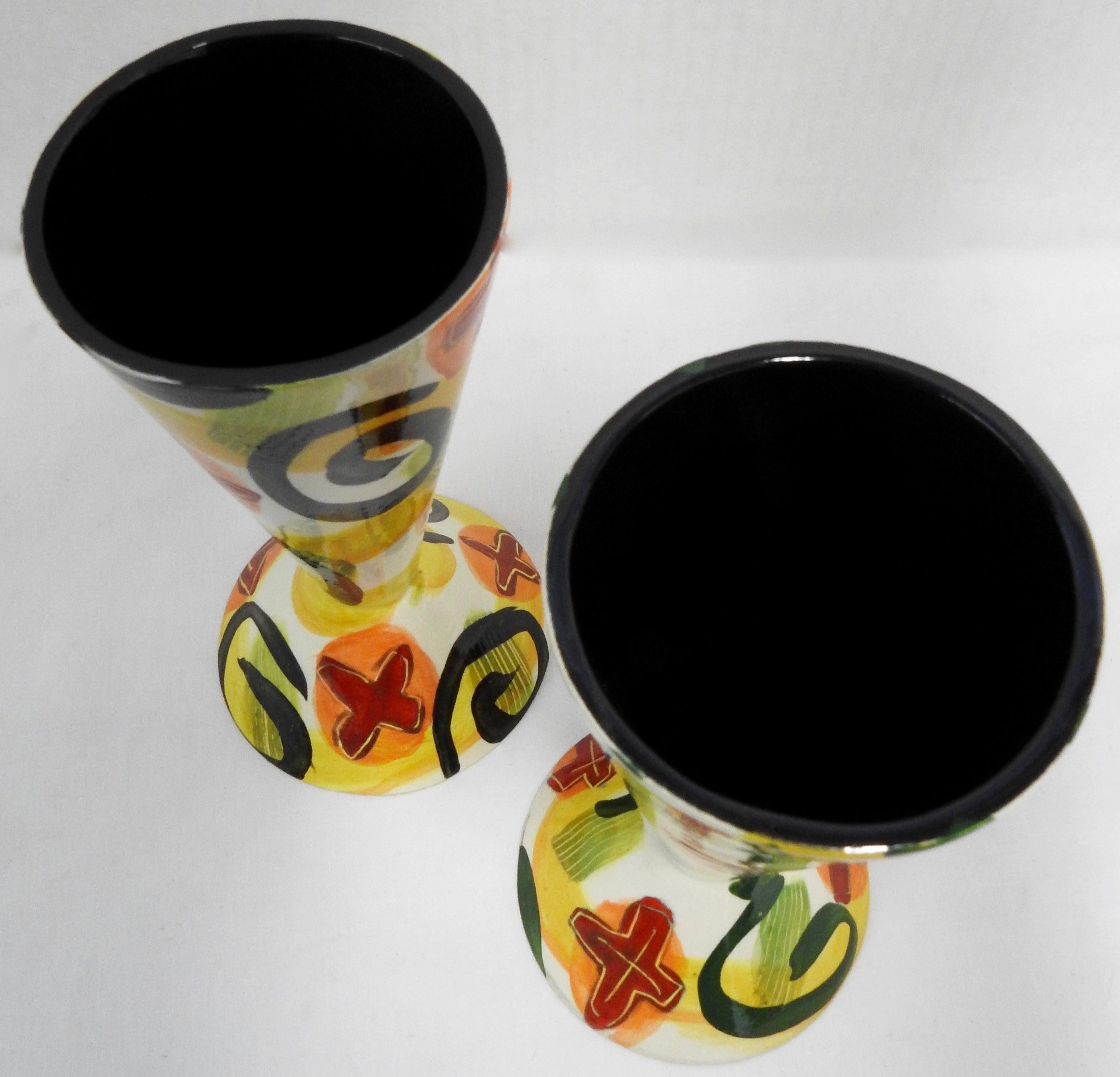 Folk Art Glazed Pottery Goblets by Marilee Hall For Sale