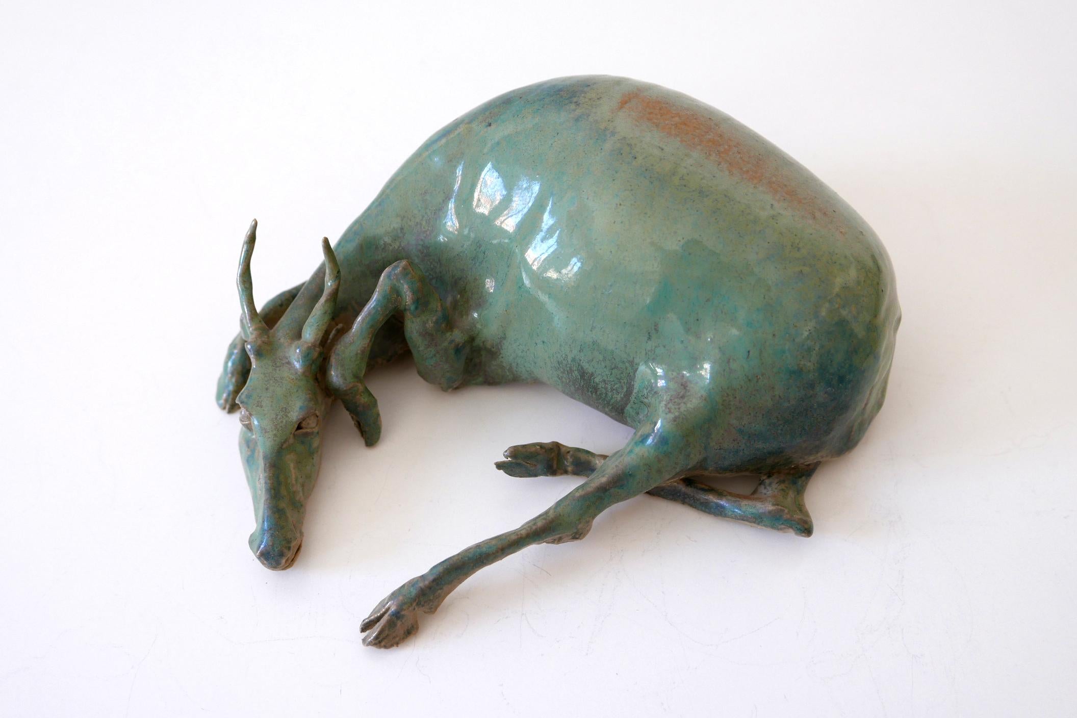 Signed Glazed Pottery Water Buffalo by German Artist Harro Frey In Good Condition In Munich, DE