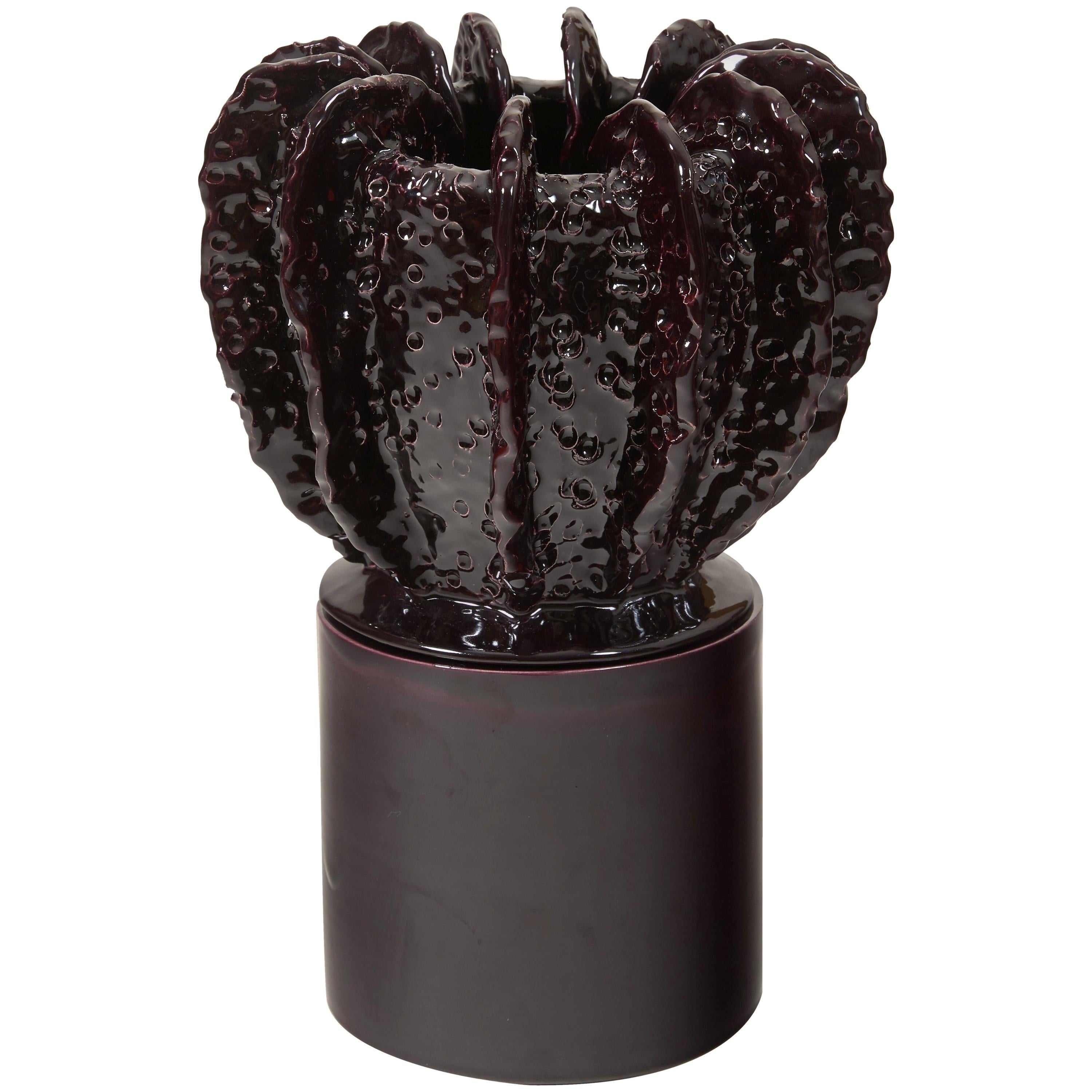 Glazed Purple Large Candleholder with Sculpted Lid by Laura Gonzalez
