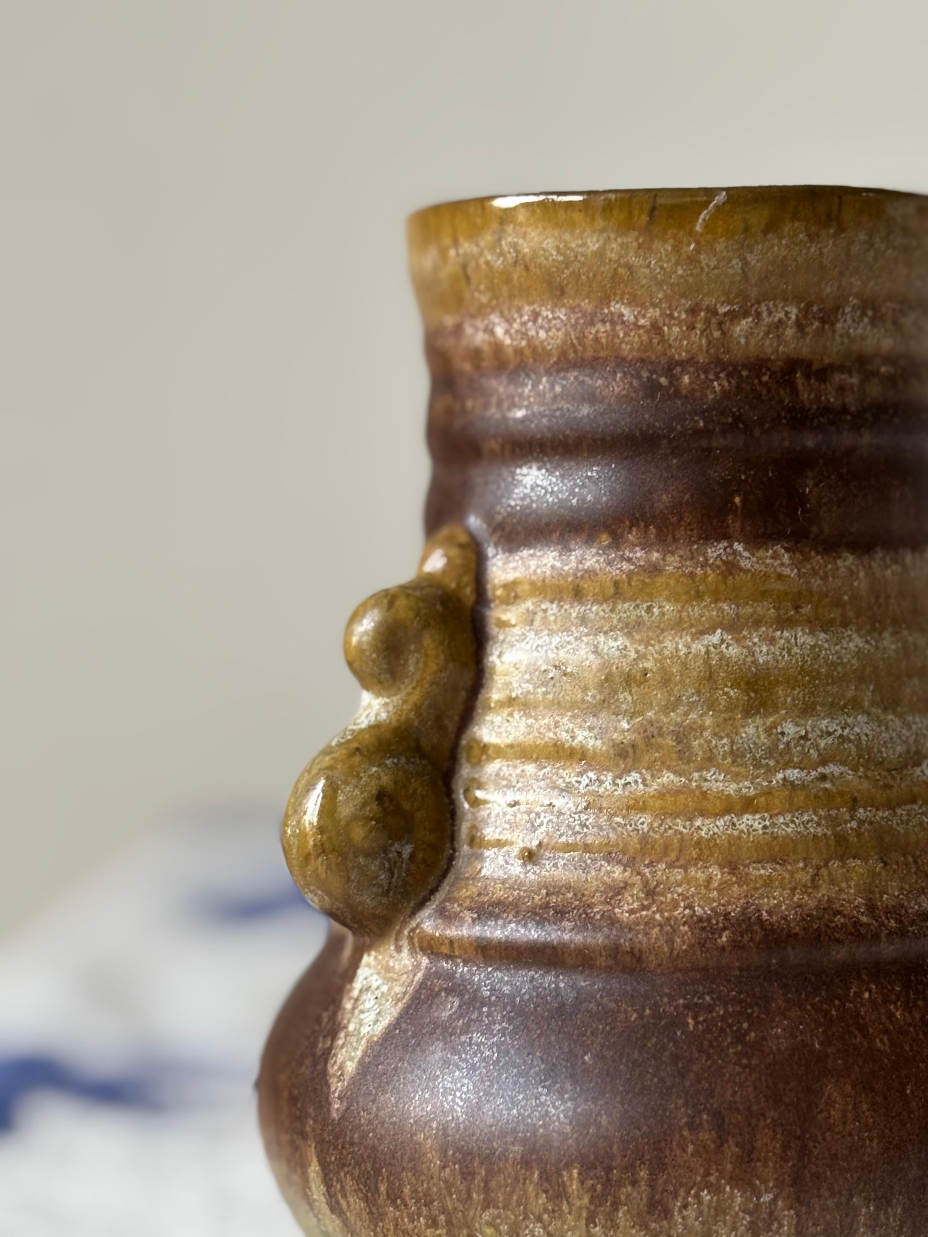 Mid-Century Modern Glazed Soft Handle Brown Ceramic Vase, 1960s For Sale