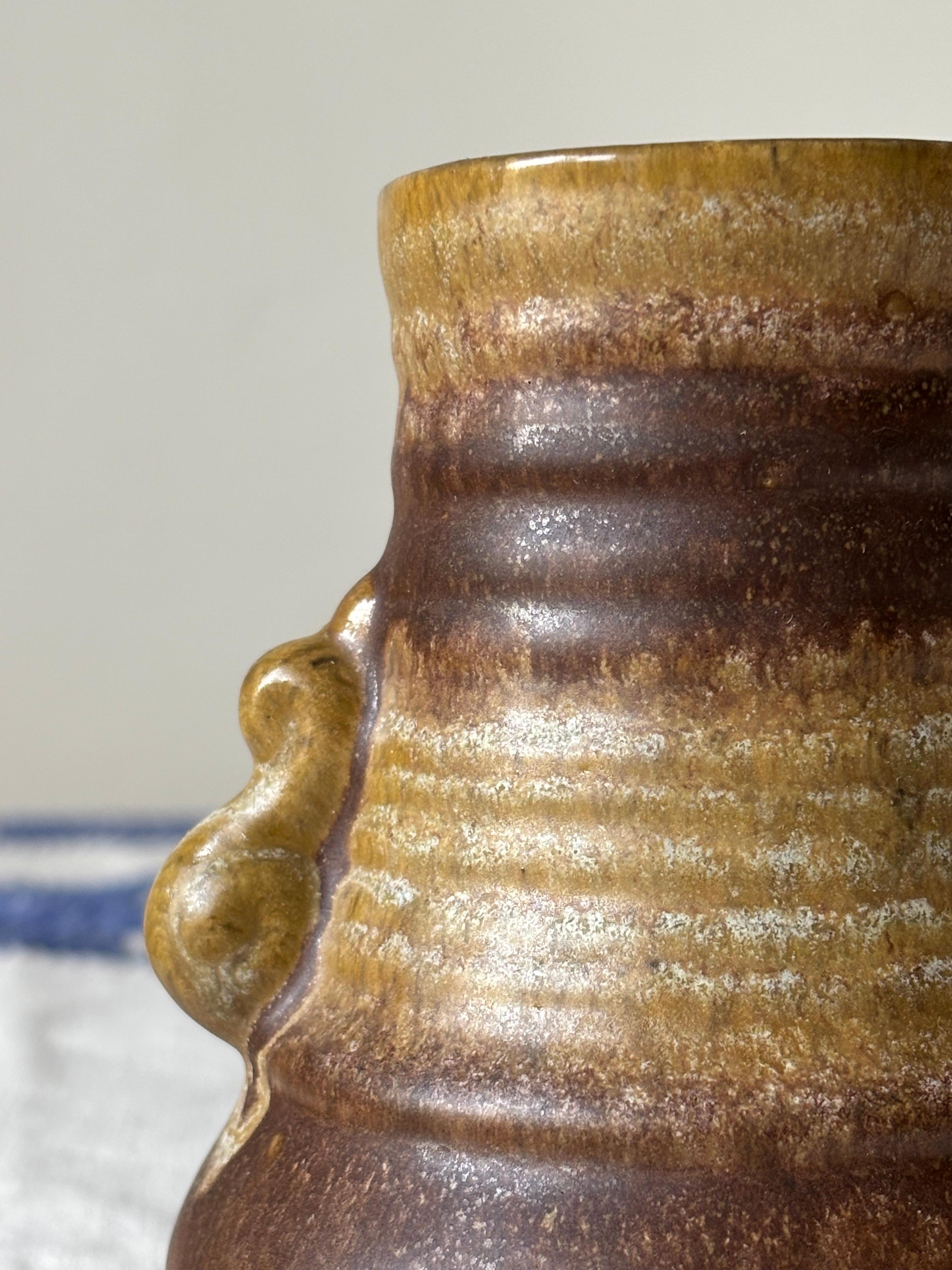European Glazed Soft Handle Brown Ceramic Vase, 1960s For Sale