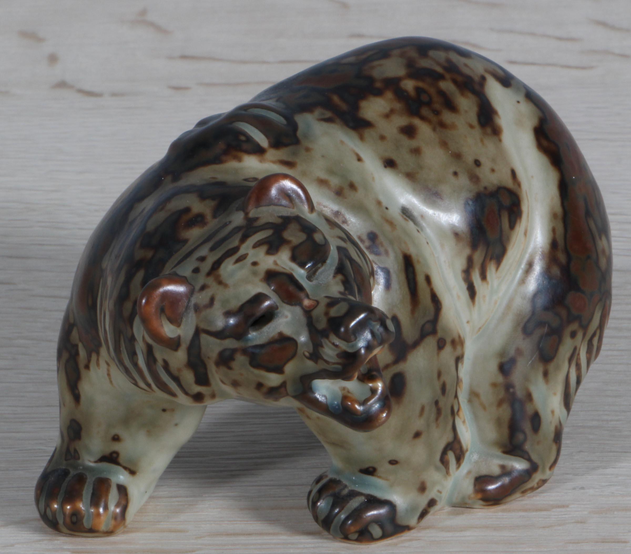 Scandinavian Modern Glazed Stoneware Bear Figurine, Knud Kyhn for Royal Copenhagen #20179 For Sale