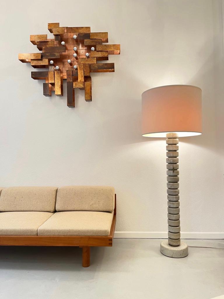 Glazed ceramic floor lamp by famous Swiss ceramist Edouard Chapallaz, ca. 1960s
A column  of 19 pieces stacked with a silk shade on top.
All pieces with creator stamp engraved Chapallaz Duillier( pictures ) only visible if disassembled.
3 lighting