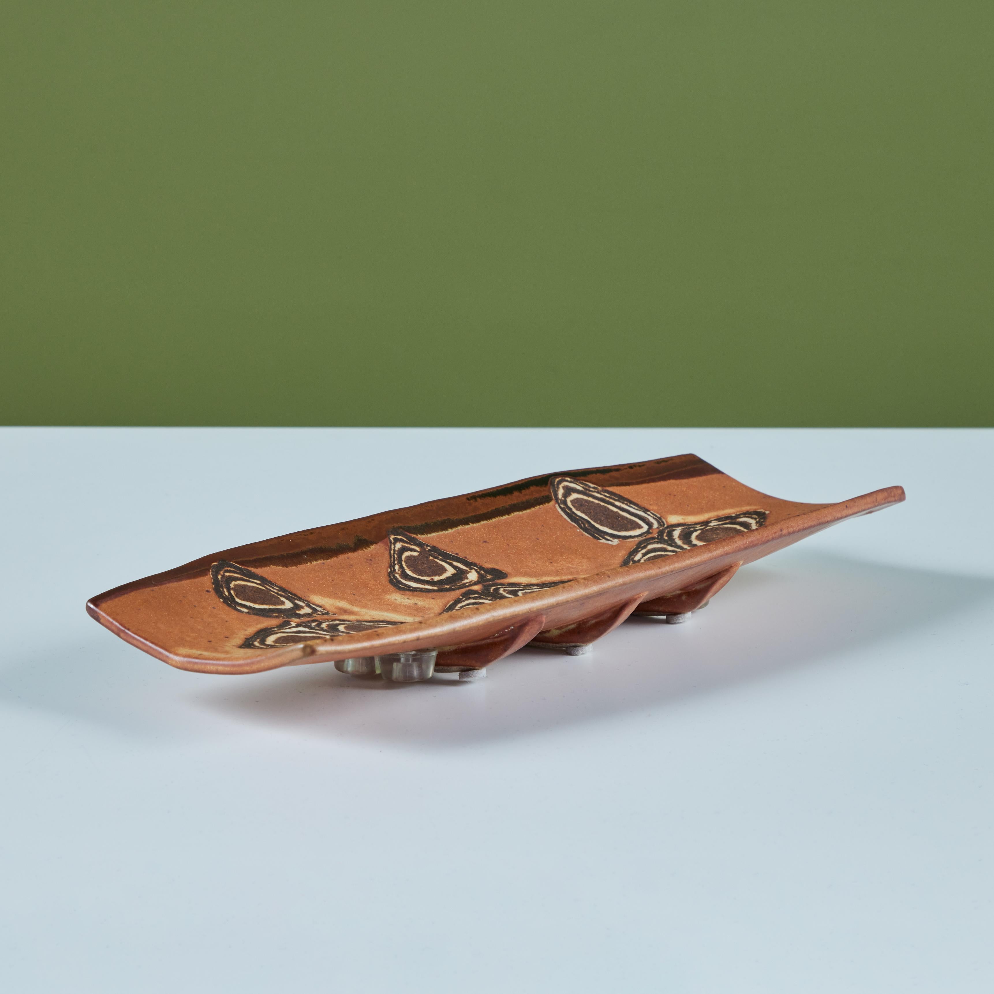 Mid-Century Modern Glazed Stoneware Dish with Geometric Design