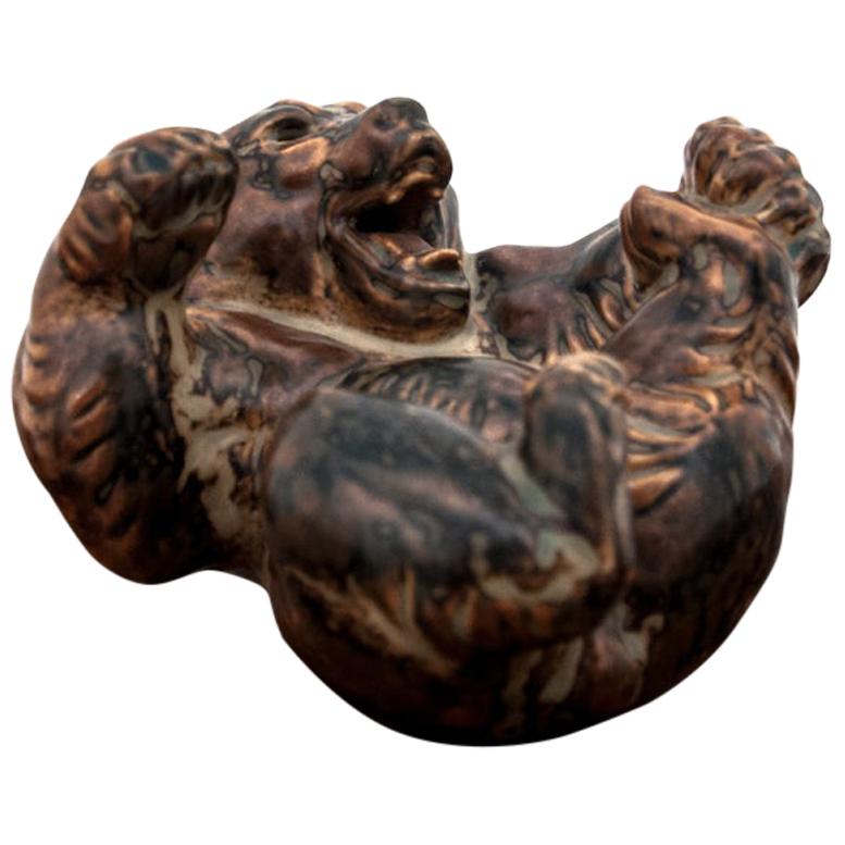 Glazed Stoneware Lying Bear Figurine, Knud Kyhn for Royal Copenhagen #20271 For Sale