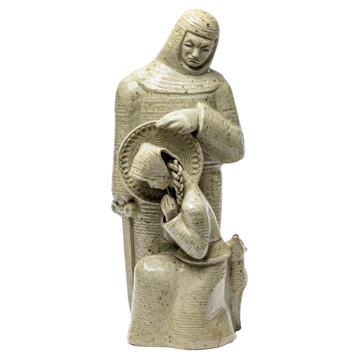 Skulptur der Heiligen Solange oder Saint Soulange aus glasiertem Steingut von André Rozay.