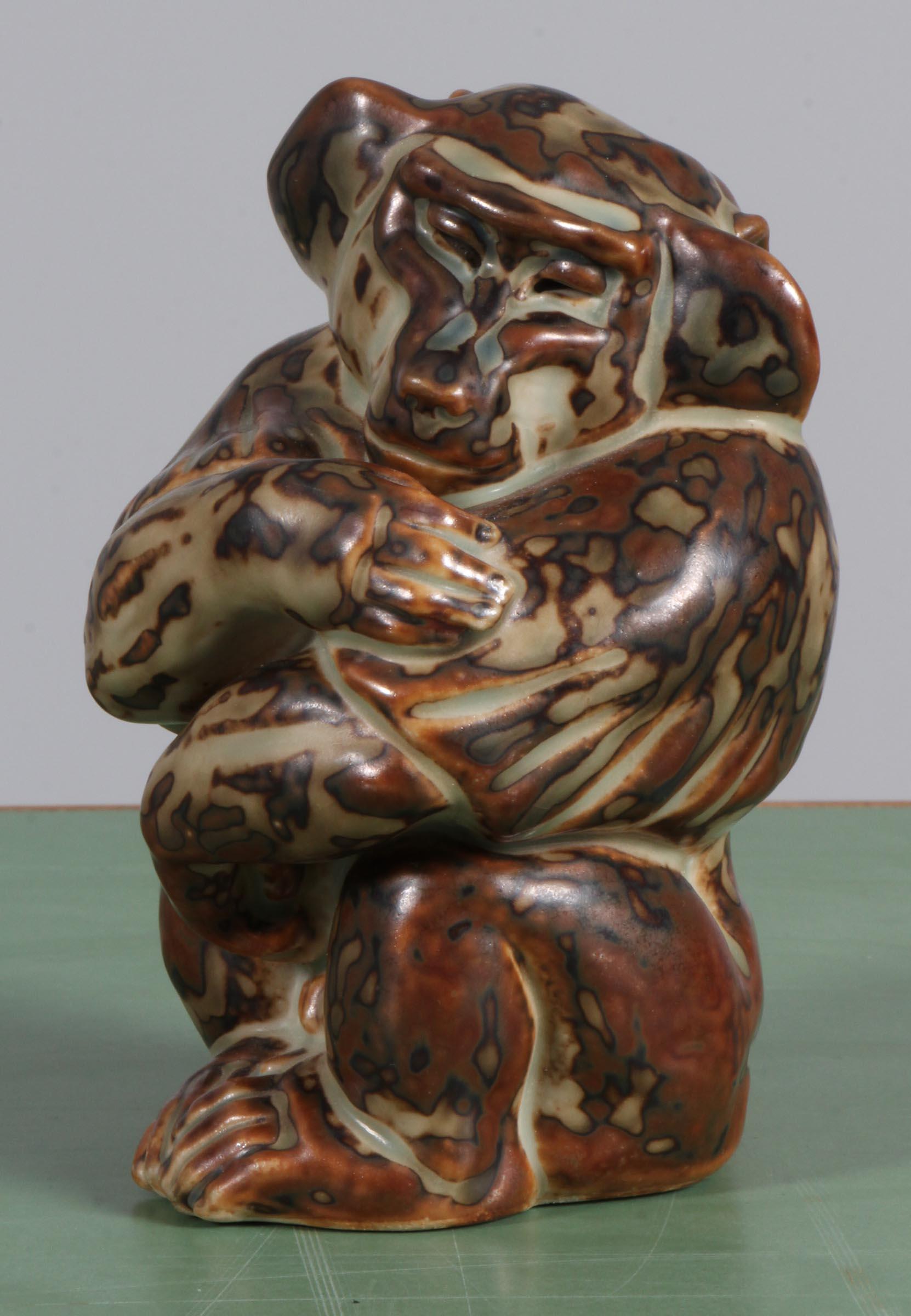 Scandinavian Modern Glazed Stoneware sitting Ape Figurine, Knud Kyhn for Royal Copenhagen #20216