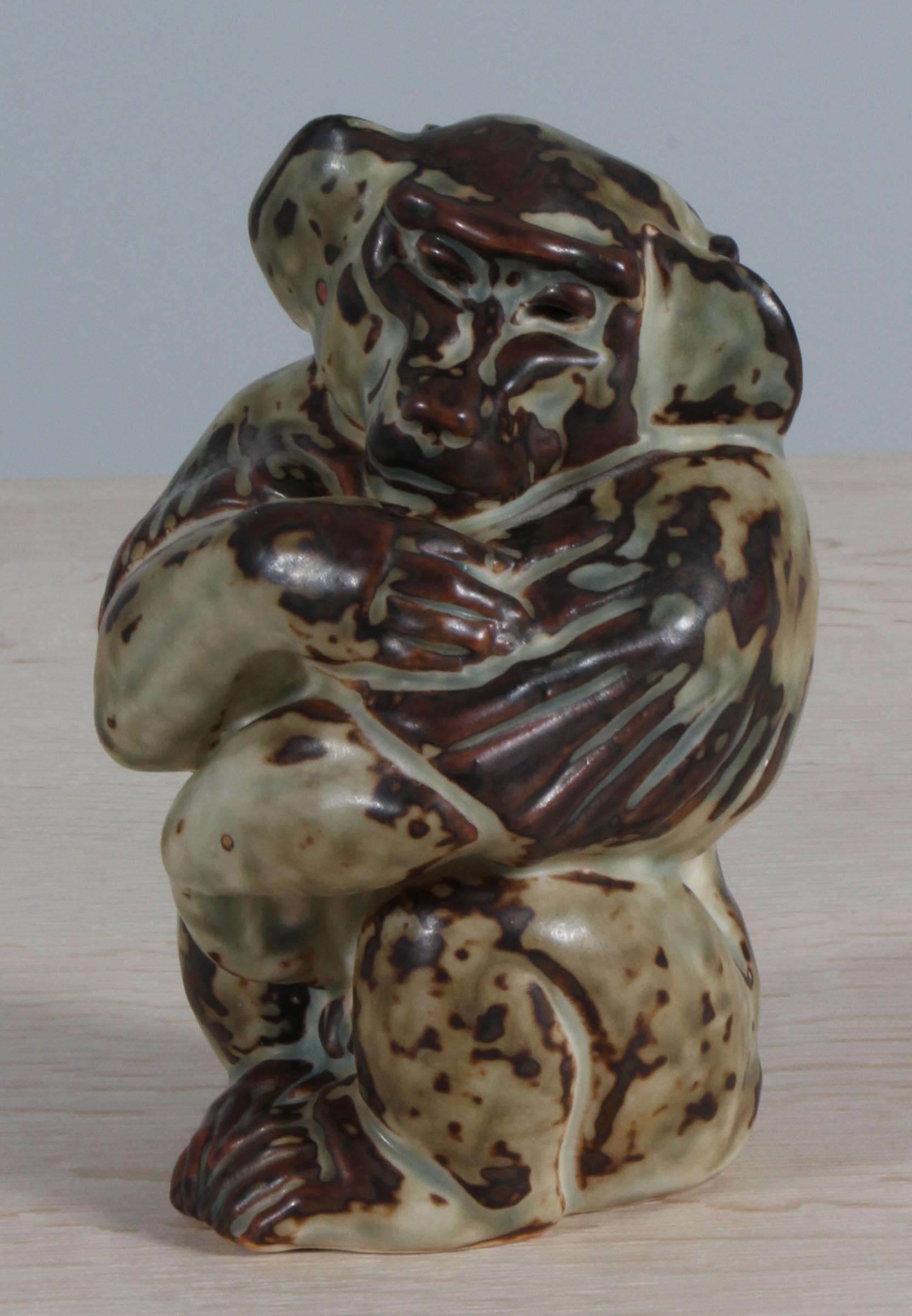Scandinavian Modern Glazed Stoneware sitting Ape Figurine, Knud Kyhn for Royal Copenhagen #20216 For Sale