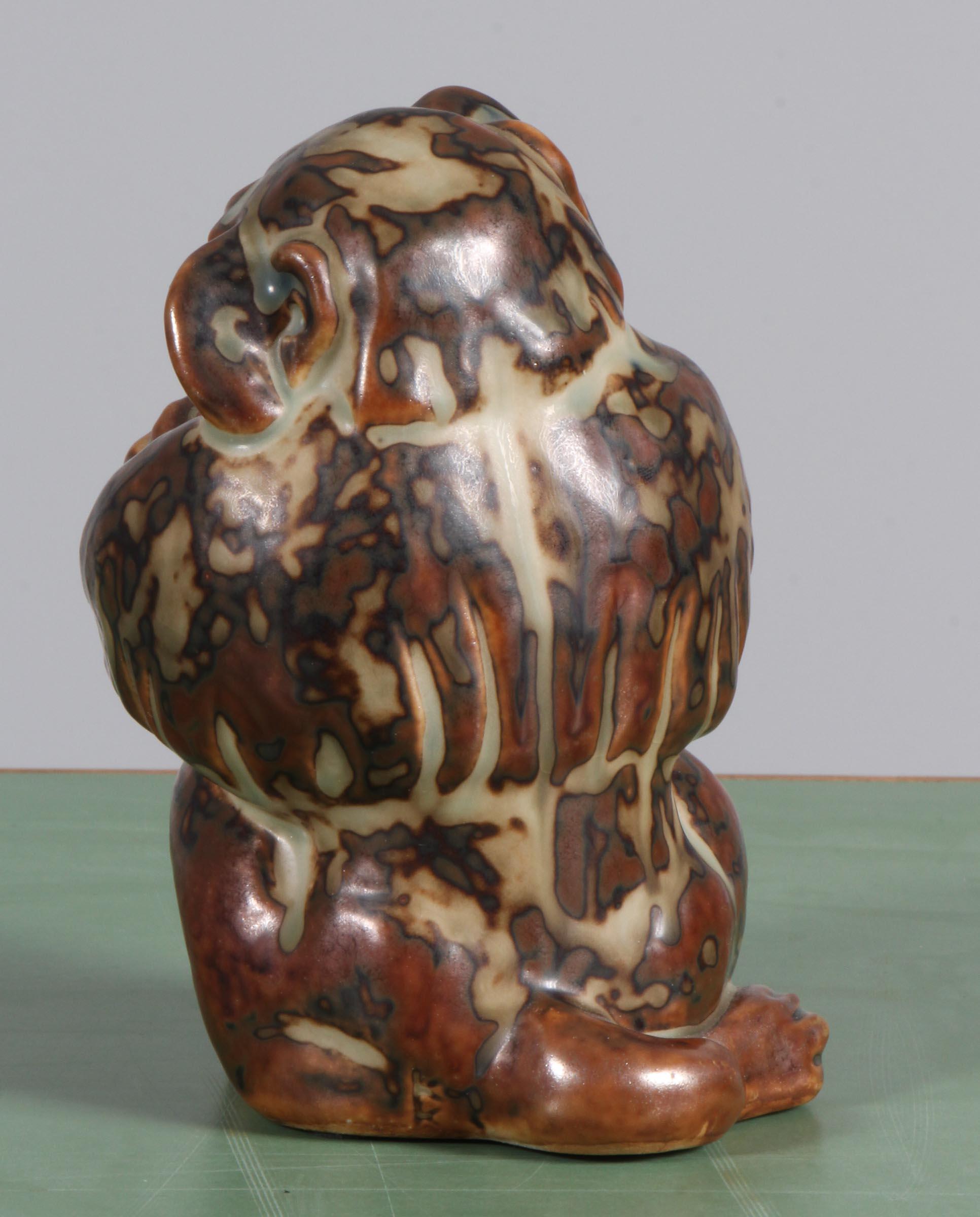 Danish Glazed Stoneware sitting Ape Figurine, Knud Kyhn for Royal Copenhagen #20216
