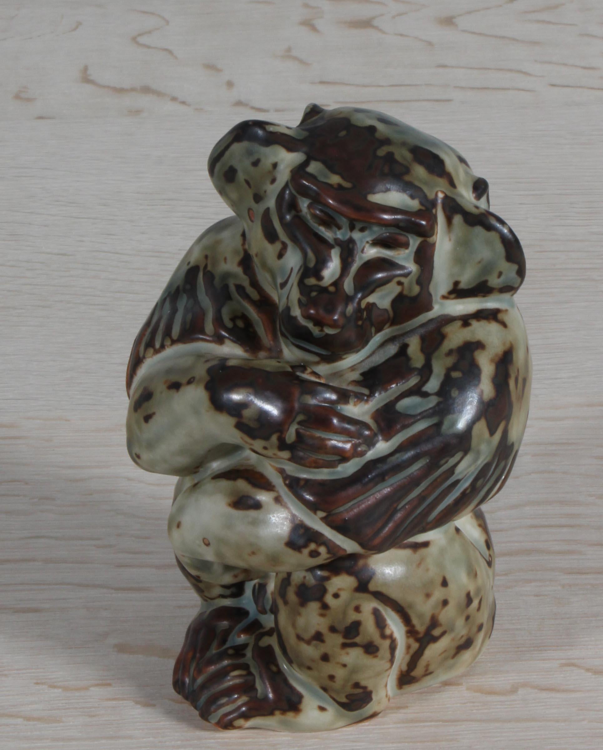 Danish Glazed Stoneware sitting Ape Figurine, Knud Kyhn for Royal Copenhagen #20216 For Sale