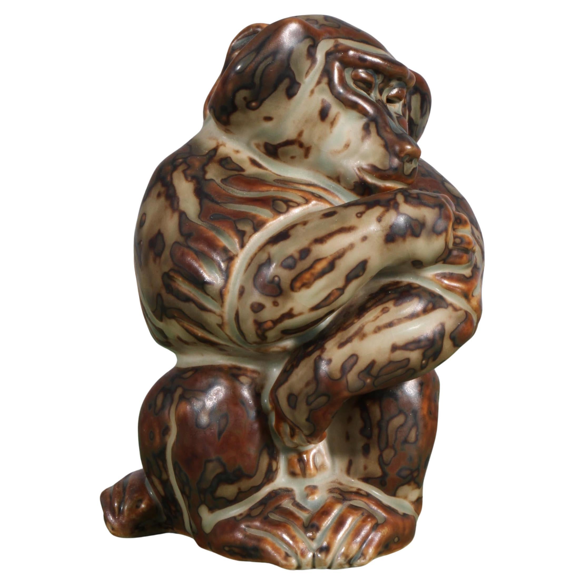 Glazed Stoneware sitting Ape Figurine, Knud Kyhn for Royal Copenhagen #20216