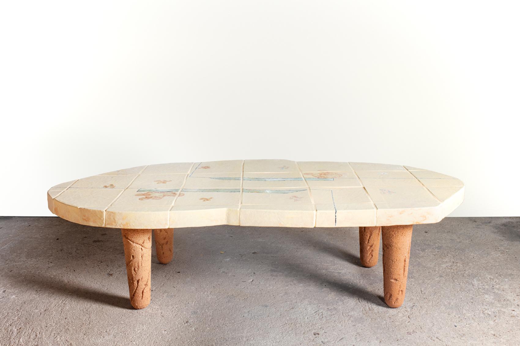 A ceramic coffee table with abstract glaze decoration by Jean-Pierre Viot.
Unique piece.
Signed.
The top and the bases are in ceramic.
2023.
H : 13’8 x 24’8 x 52'4 inches.