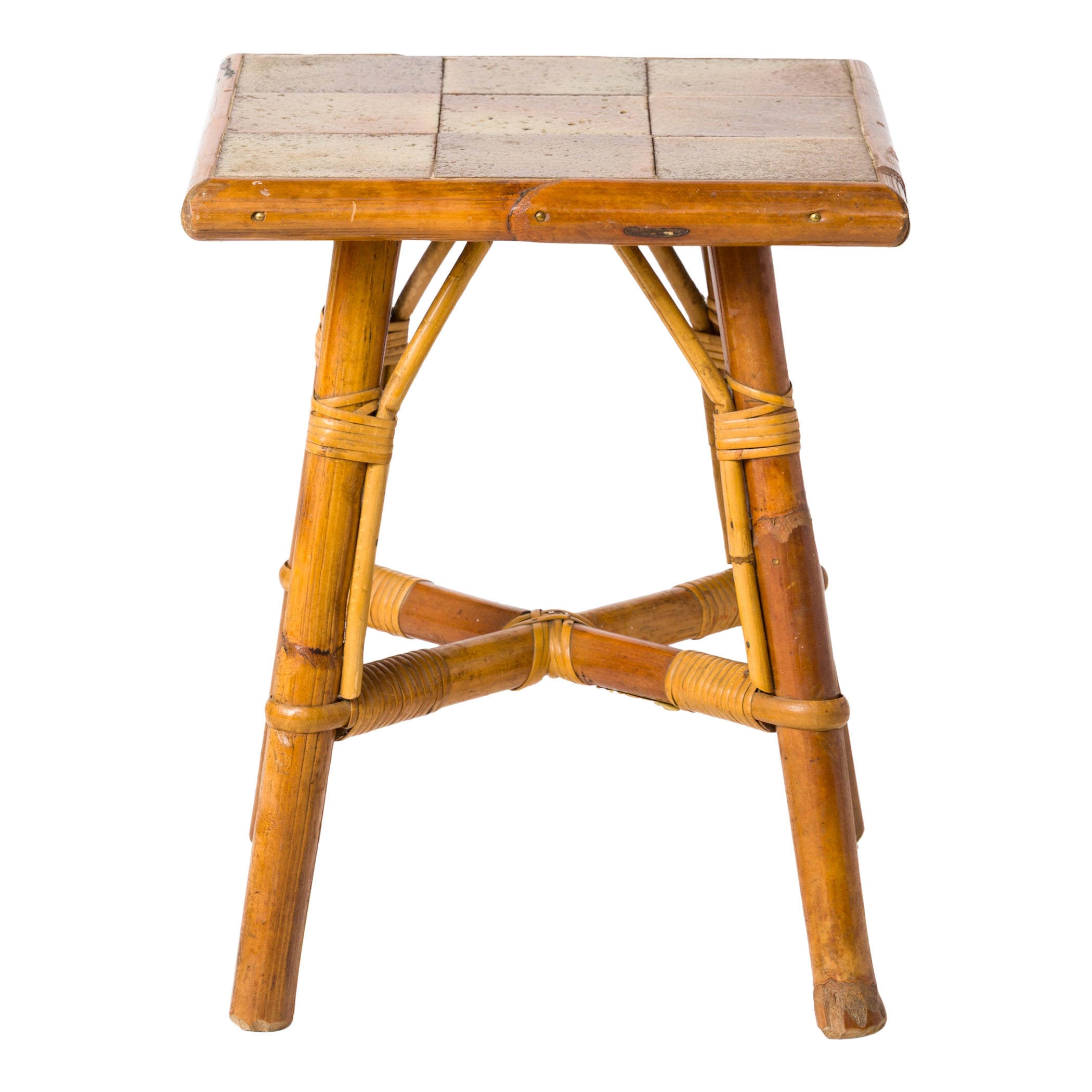 Table d'appoint en grès émaillé et rotin att. Bergon Anduze - France 1950's en vente