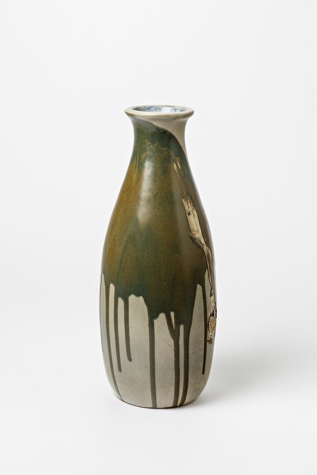 French Glazed stoneware vase with dripping decoration by Jean Pointu, circa 1950. For Sale